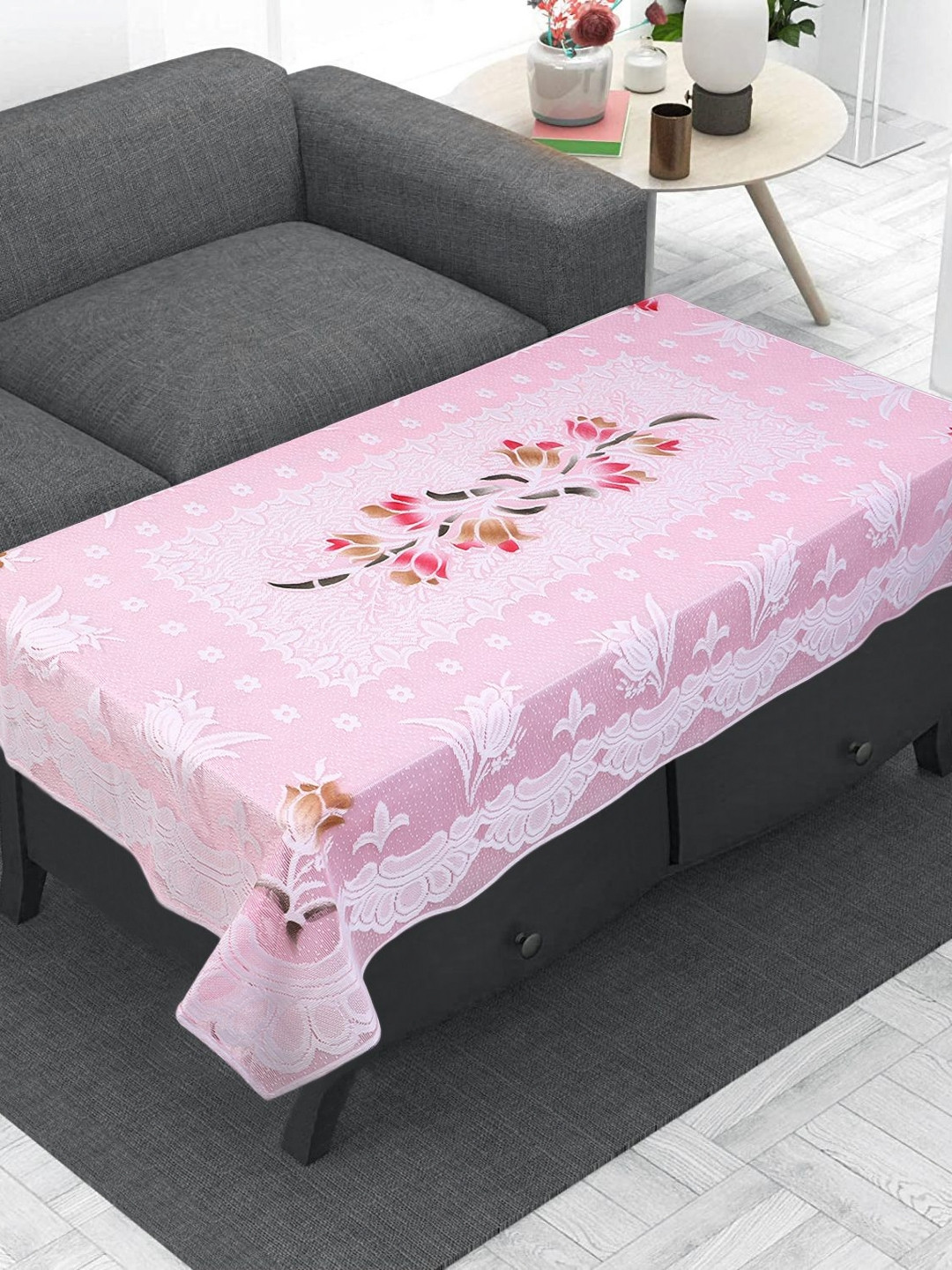LooMantha Pink and White Floral Anti-Skid Cotton 4-Seater Table Cover