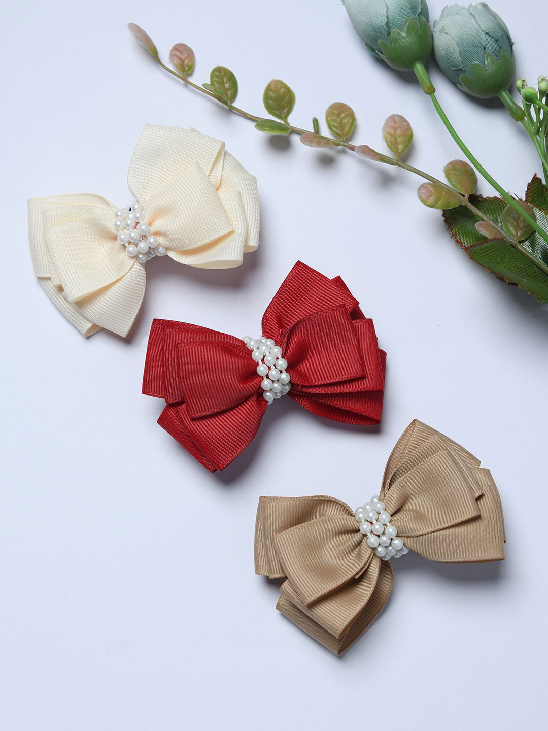FUNKRAFTS Girls Set of 3 Embellished Ribbon Bow Hair Clips