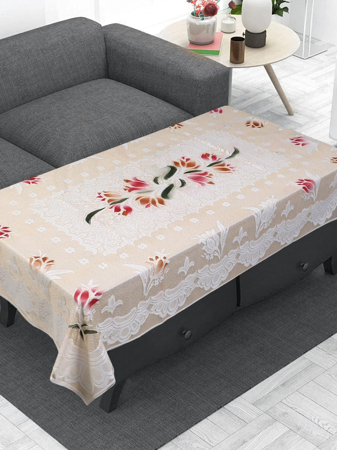 LooMantha Cream-Coloured and White Floral Anti-Skid Cotton 4-Seater Table Cover