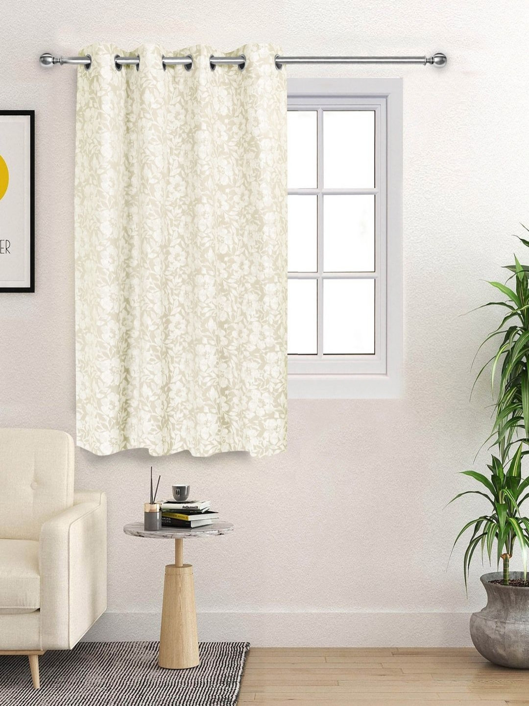 Saral Home White & Beige Floral Printed Cotton Room Darkening Window Curtain
