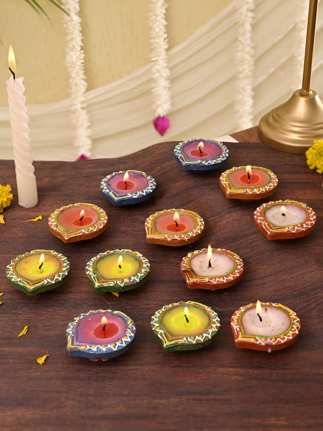 Aura Blue & Green 12 Pieces Printed Diwali Leaf Wax Diya