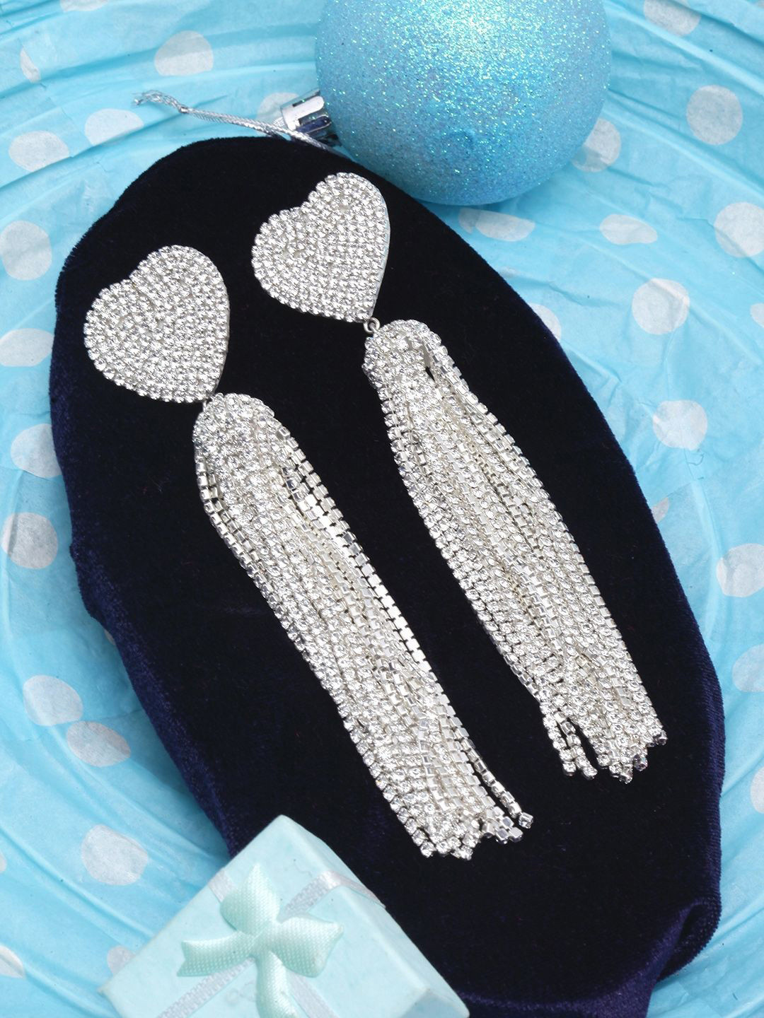 KPOP Silver-Plated Rhinestone Heart Shaped Tassels Drop Earrings