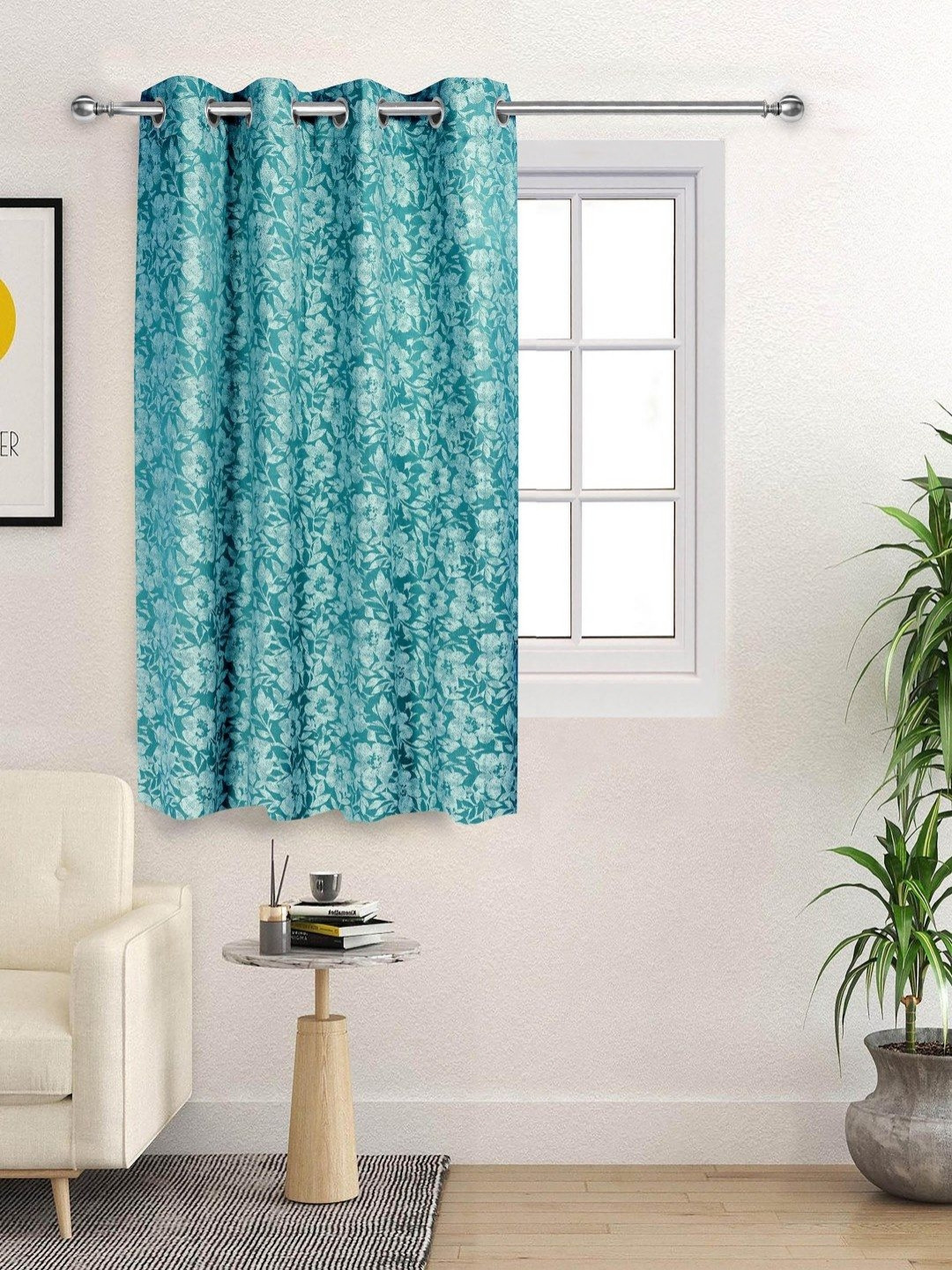 Saral Home KANAN Teal & White Floral Printed Cotton Room Darkening Window Curtain