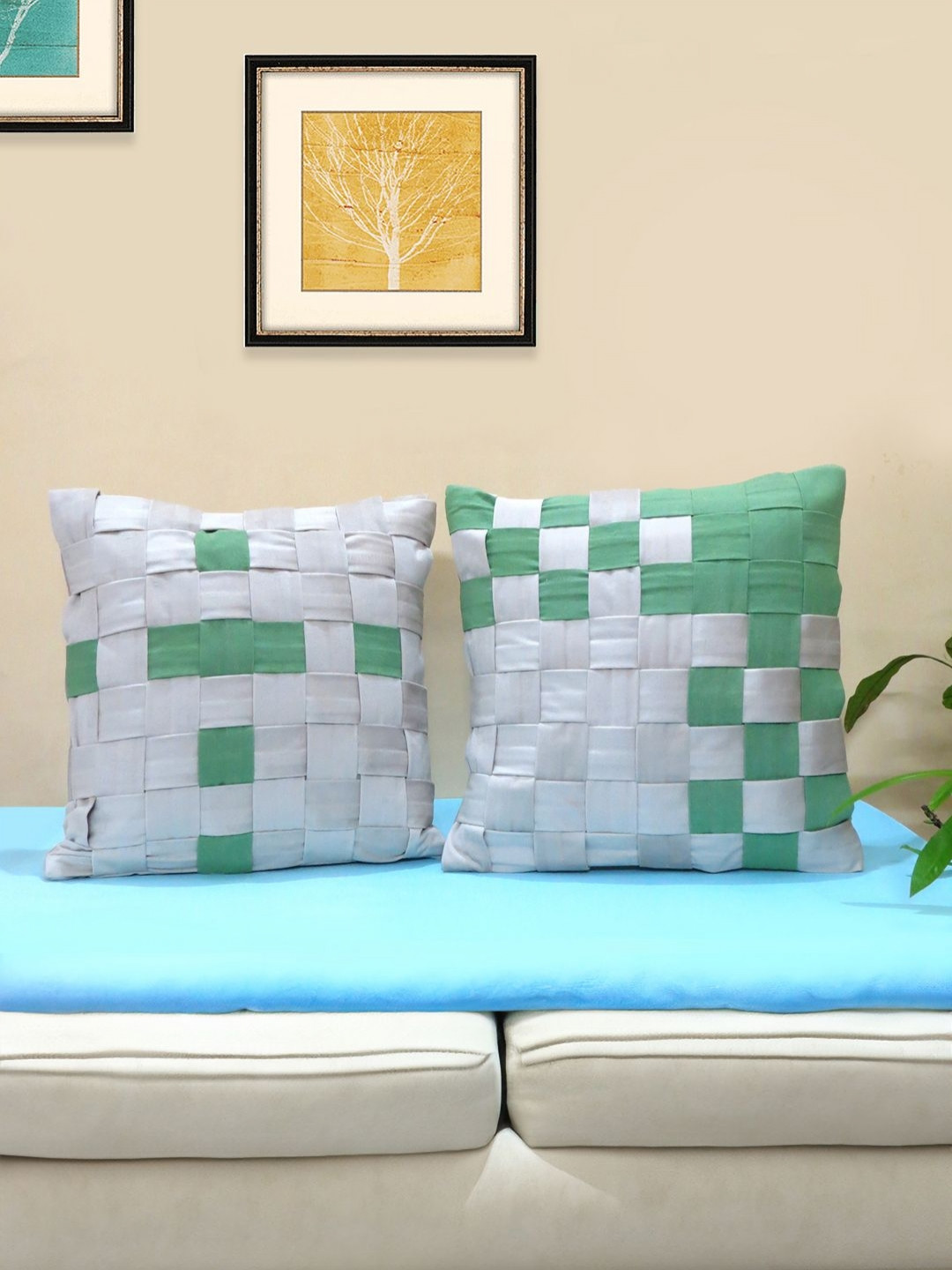 Mid July Home Off White & Green 2 Pieces Velvet Square Cushion Covers