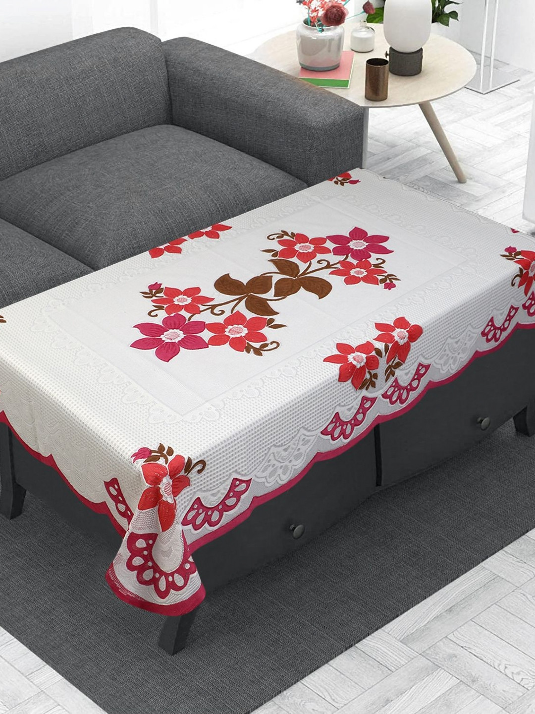 LooMantha White and Pink Floral Anti-Skid Cotton 4-Seater Table Cover