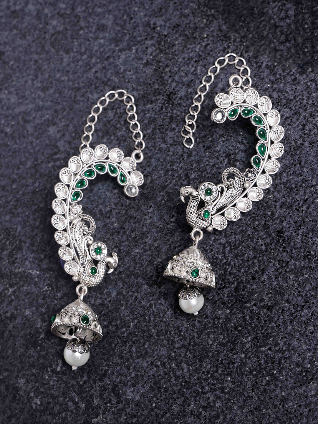 PANASH Silver Plated Peacock Shaped Oxidized Ear Cuffs Jhumka Earrings