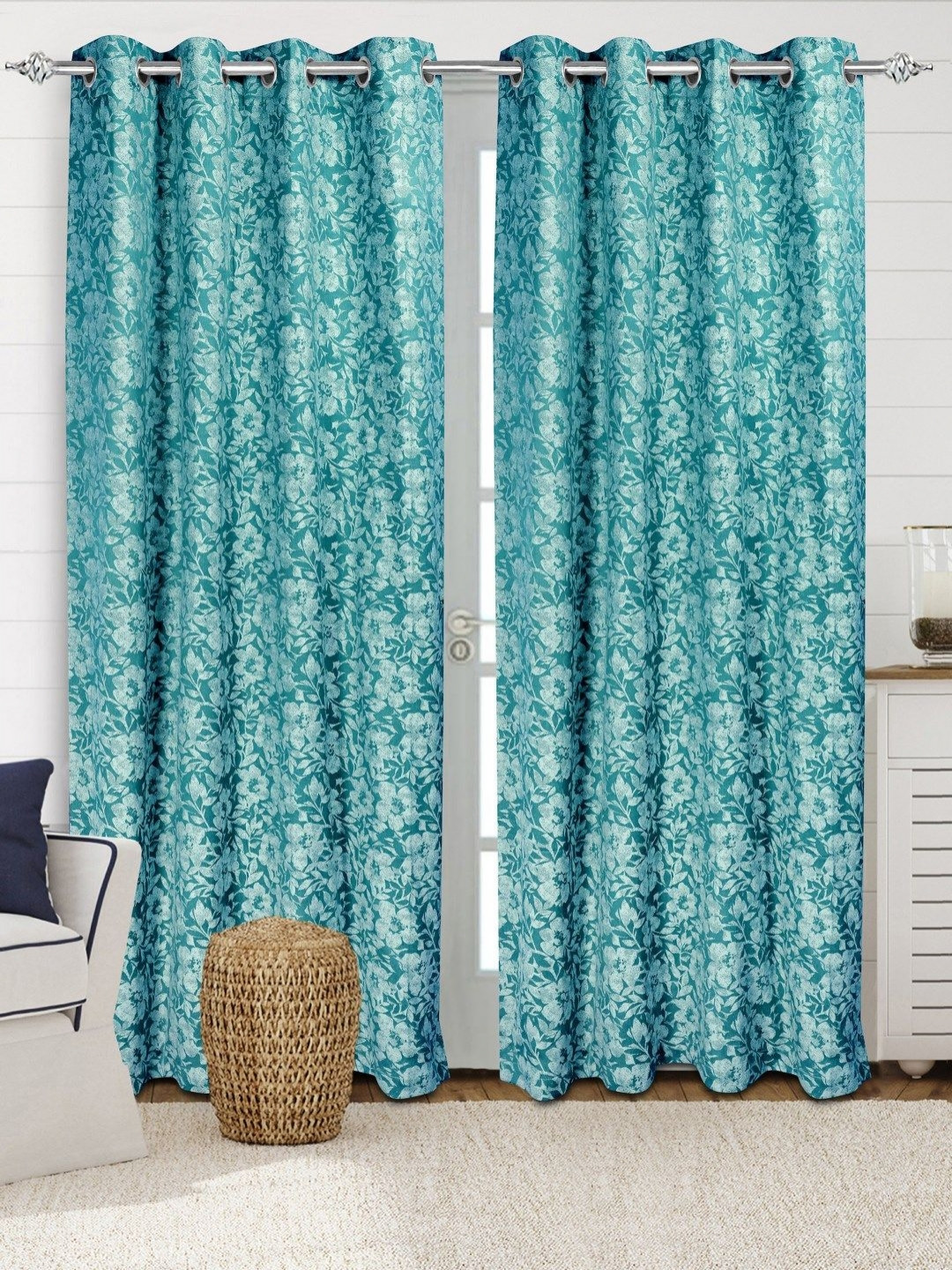 Saral Home KANAN Teal & White 2 Pieces Floral Printed Cotton Room Darkening Door Curtains