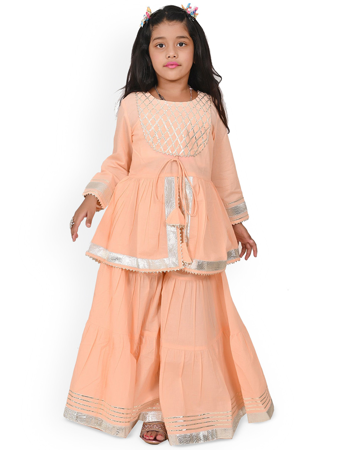 Cloth Bites Girls Round Neck Long Sleeves Gotta Patti A-Line Kurta With Sharara