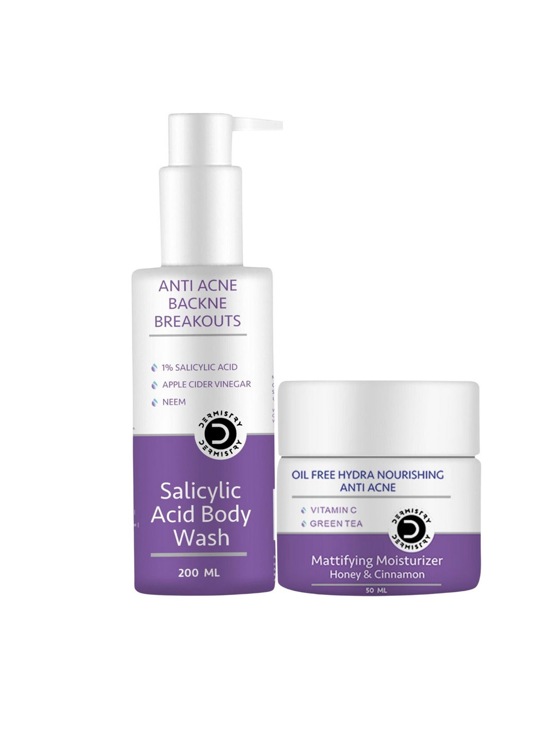 DERMISTRY Anti Acne Salicylic Acid Body Wash - 200 ml With Mattifying Moisturizer - 50 ml