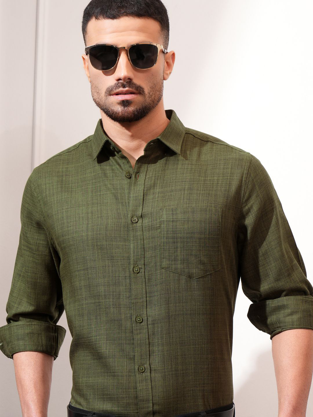 Locomotive Luxe Men Olive Melange Textured Solid Shirt