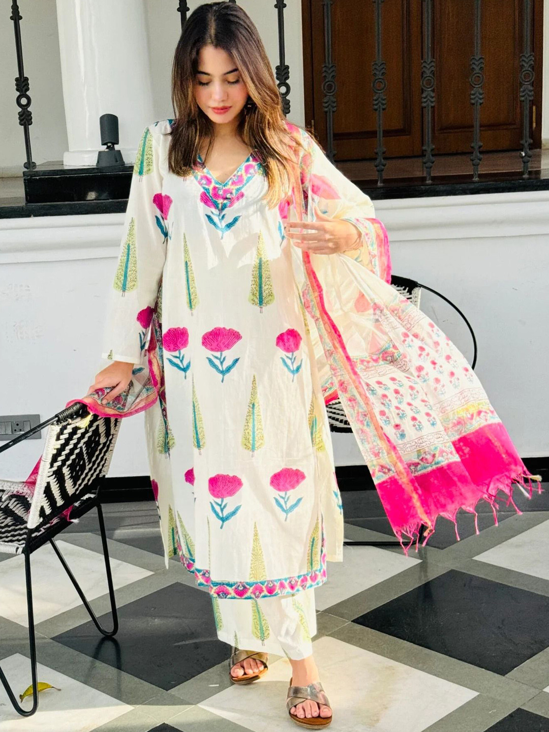 Anni Designer Women White Floral Printed Regular Kurta with Palazzos & Dupatta Set