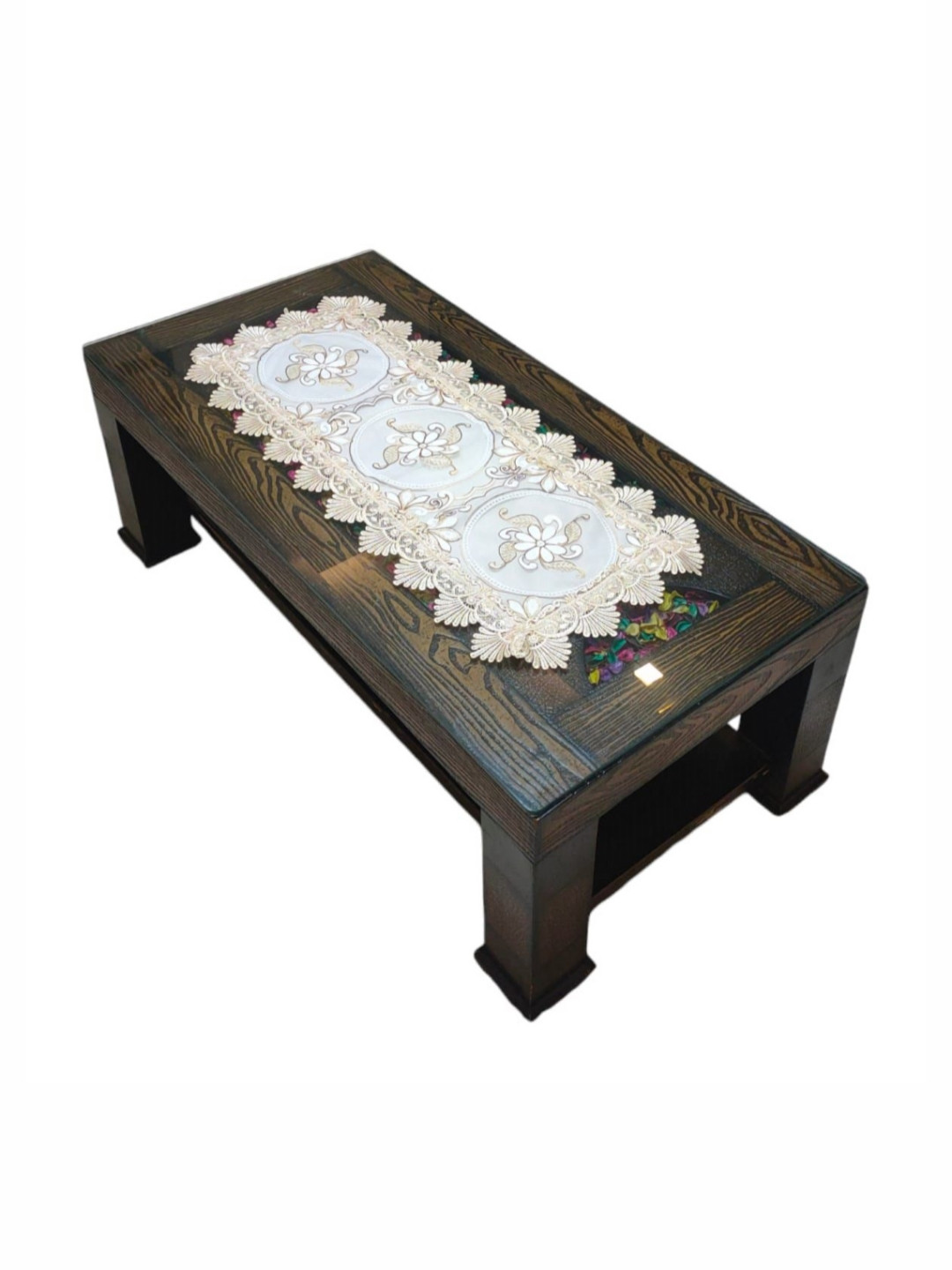 MONKDECOR White & Cream-Color Embroidered Center Table Runner