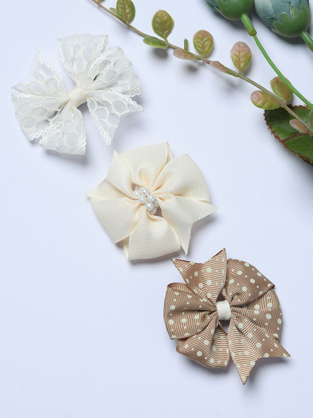 FUNKRAFTS Girls Set of 3 Embellished Solid & Polka Ribbon Bow Alligator Hair Clips