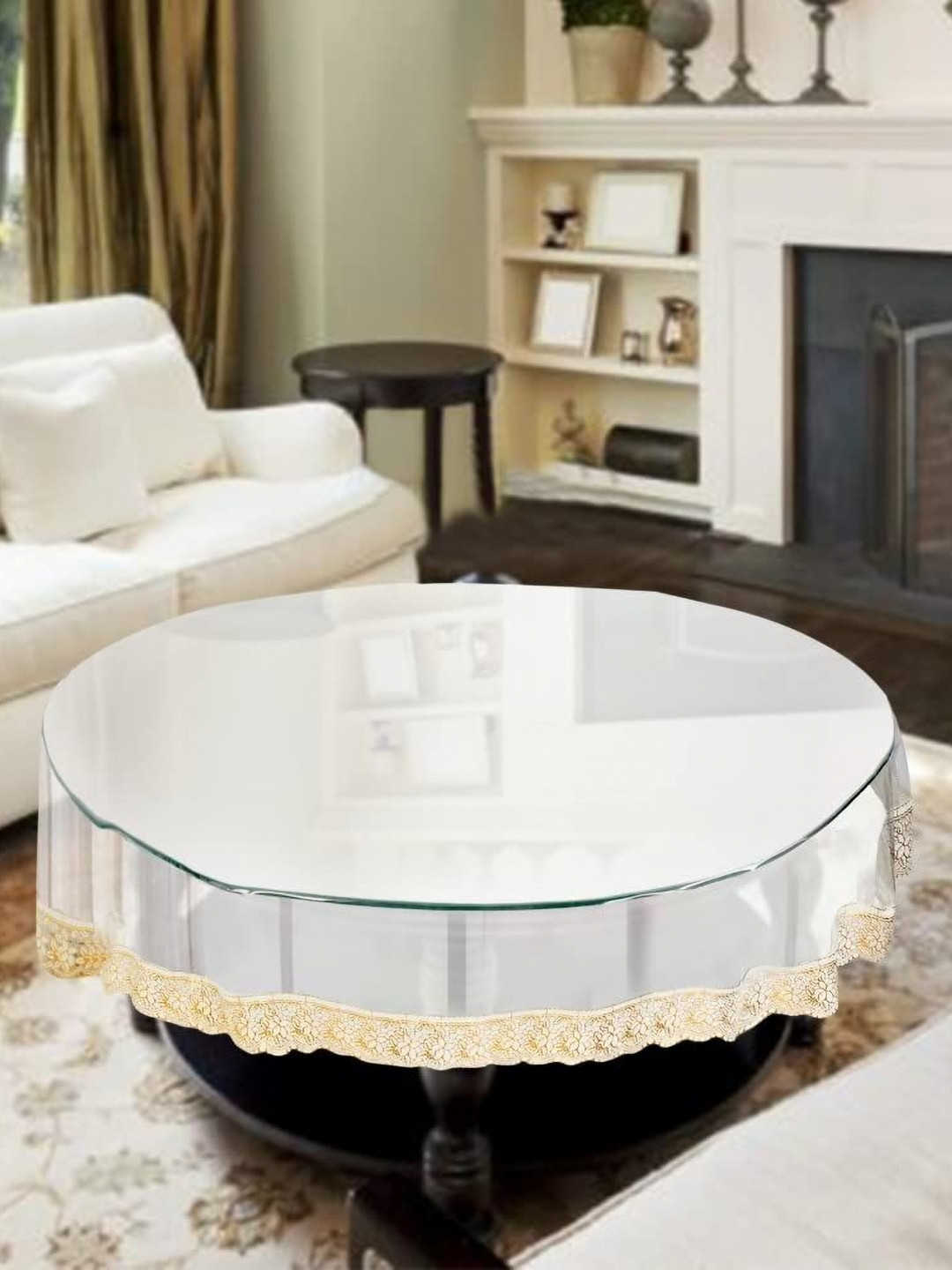 LooMantha Transparent and GoldToned Round 6-Seater Table Cover