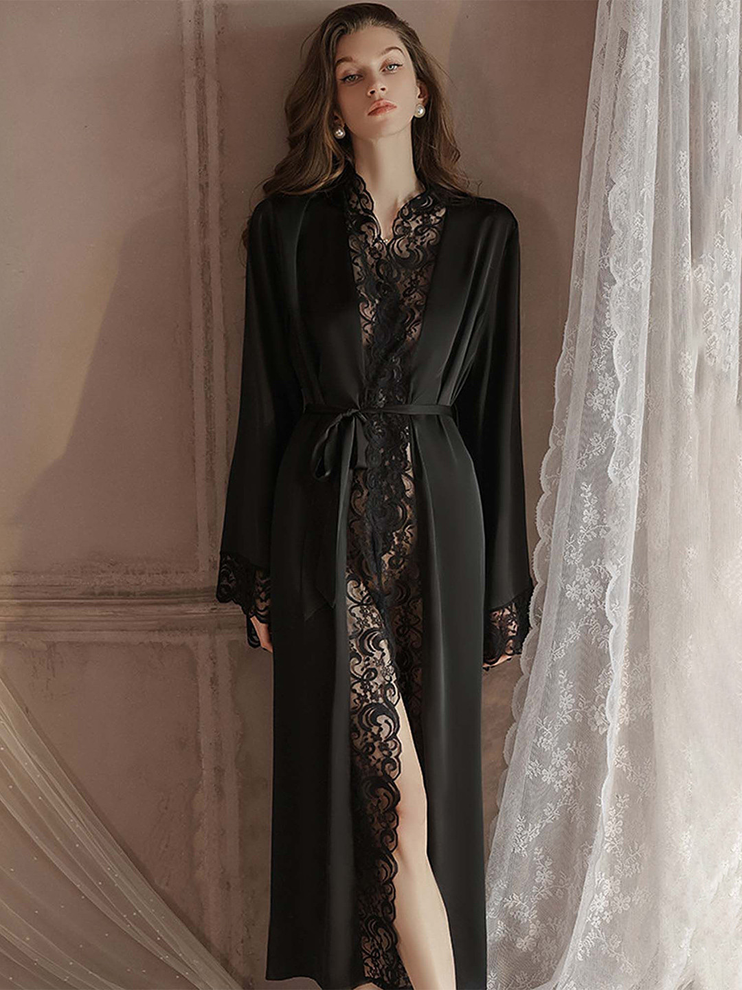 LULU & SKY Women Lace-Trimmed Maxi Night Robe