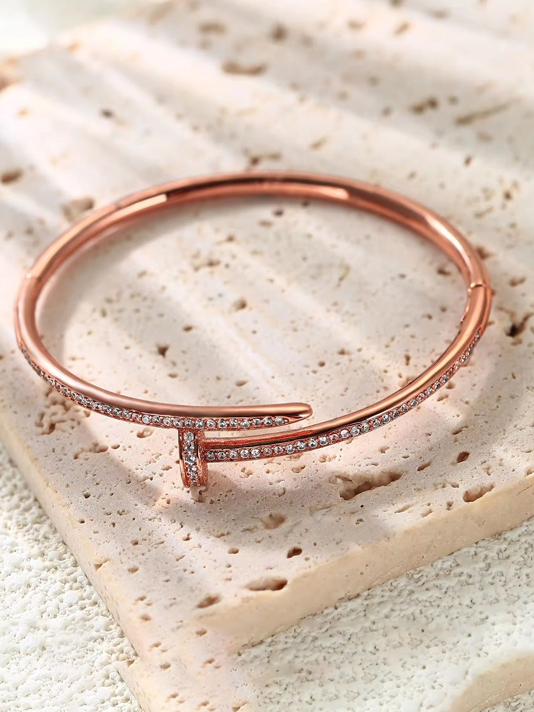 WATCHSTAR Rose Gold-Plated Stainless Steel Stone Studded Openable Bangle-Style Bracelet