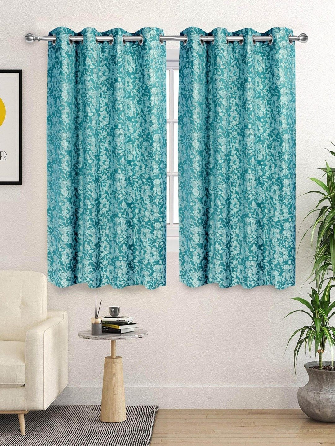 Saral Home KANAN Teal 2 Pieces Floral Printed Cotton Room Darkening Window Curtains