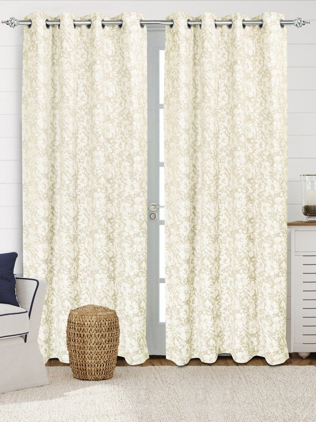 Saral Home KANAN White 2 Pieces Floral Printed Cotton Room Darkening Long Door Curtains