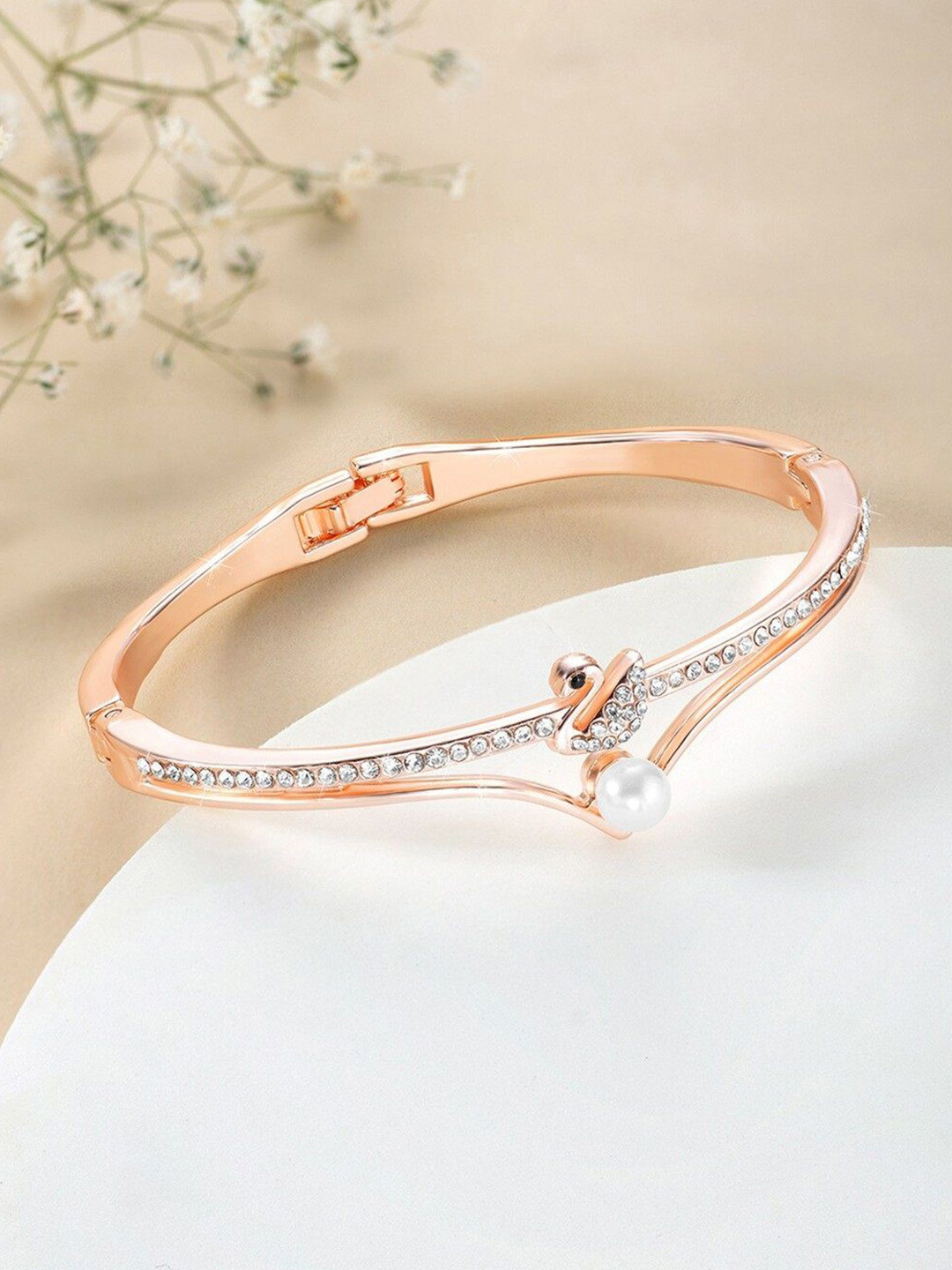 WATCHSTAR Rose Gold-Plated Cubic Zirconia Stone Studded Bangle-Style Bracelet
