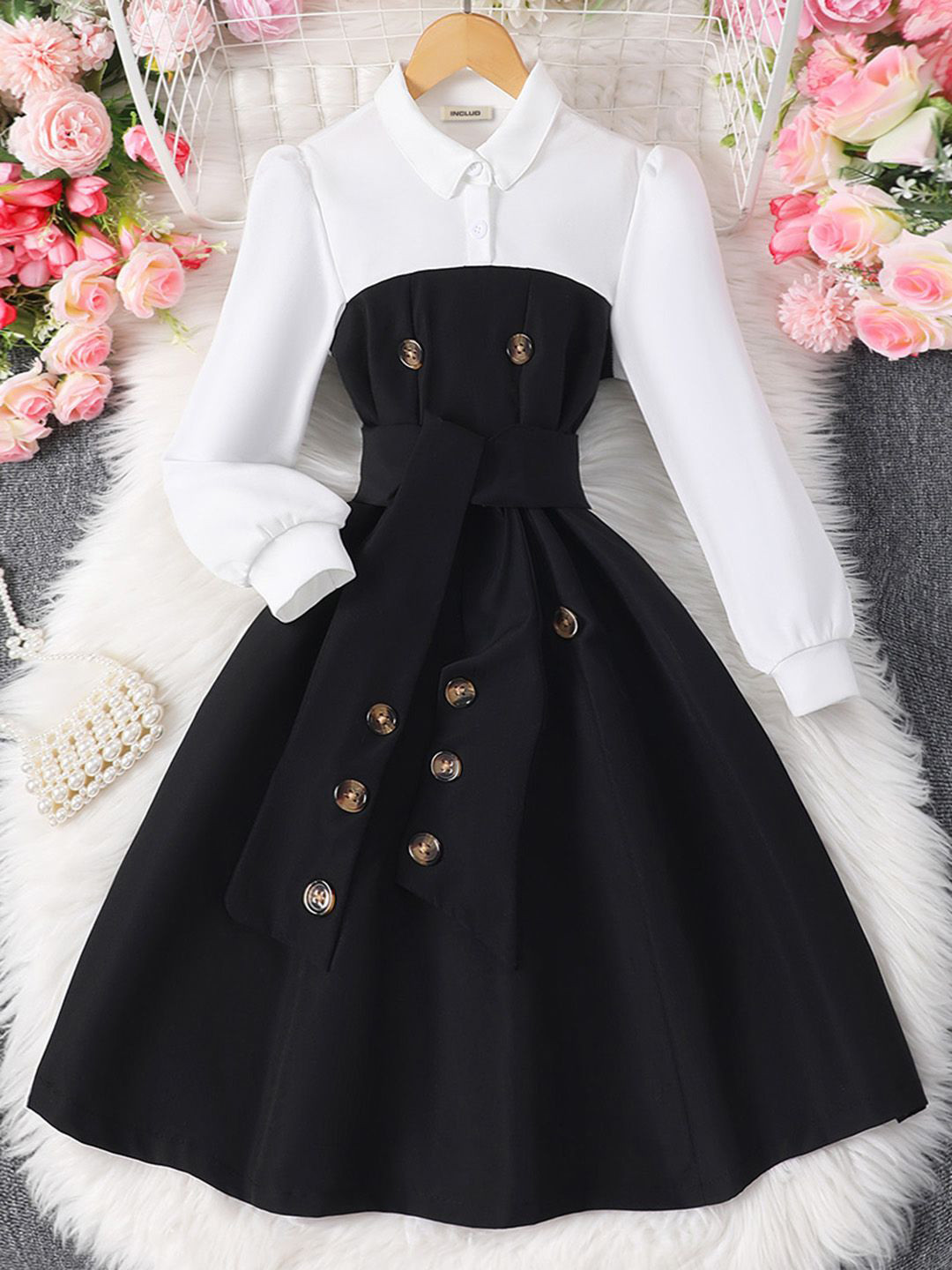 INCLUD Girls Black Puff Sleeves Fit & Flare Midi Dress