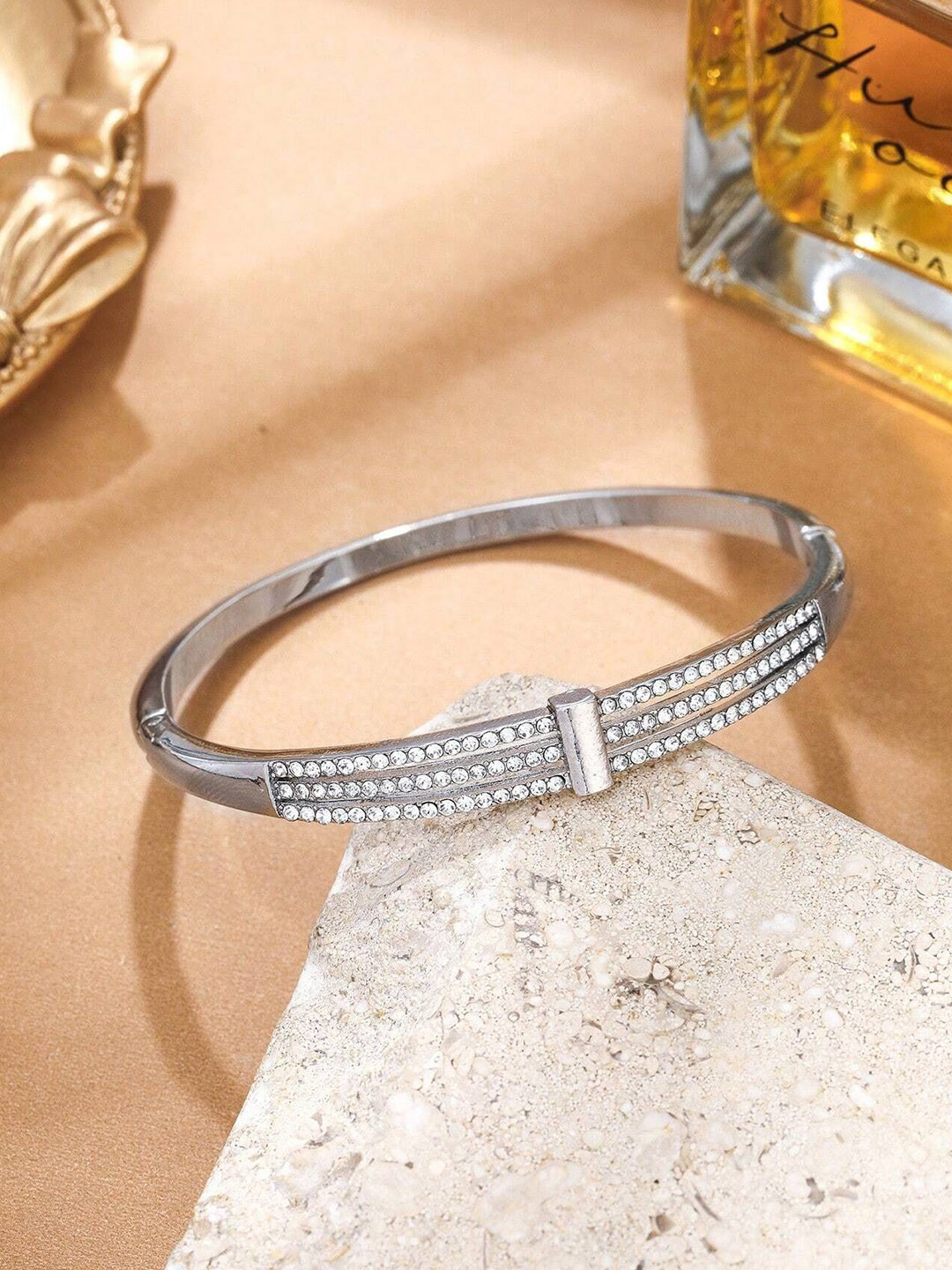 WATCHSTAR Silver-Plated Artificial Stones Studded Antique Bangle-Style Bracelet