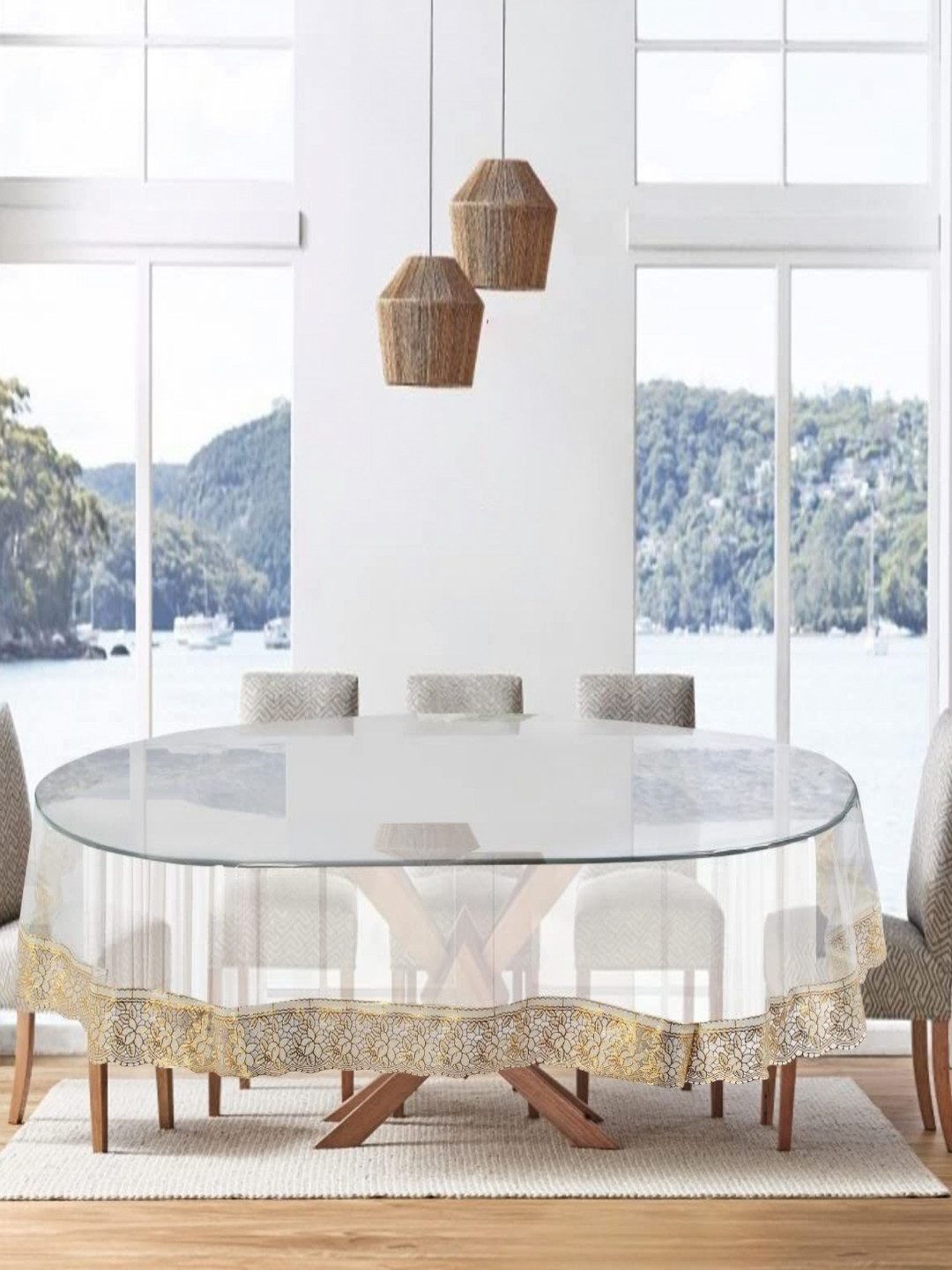 LooMantha Transparent and GoldToned 6-Seater Table Cover