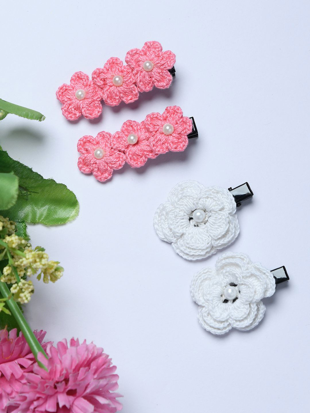 FUNKRAFTS Girls Set of 4 Embellished Floral Crochet Alligator Hair Clips
