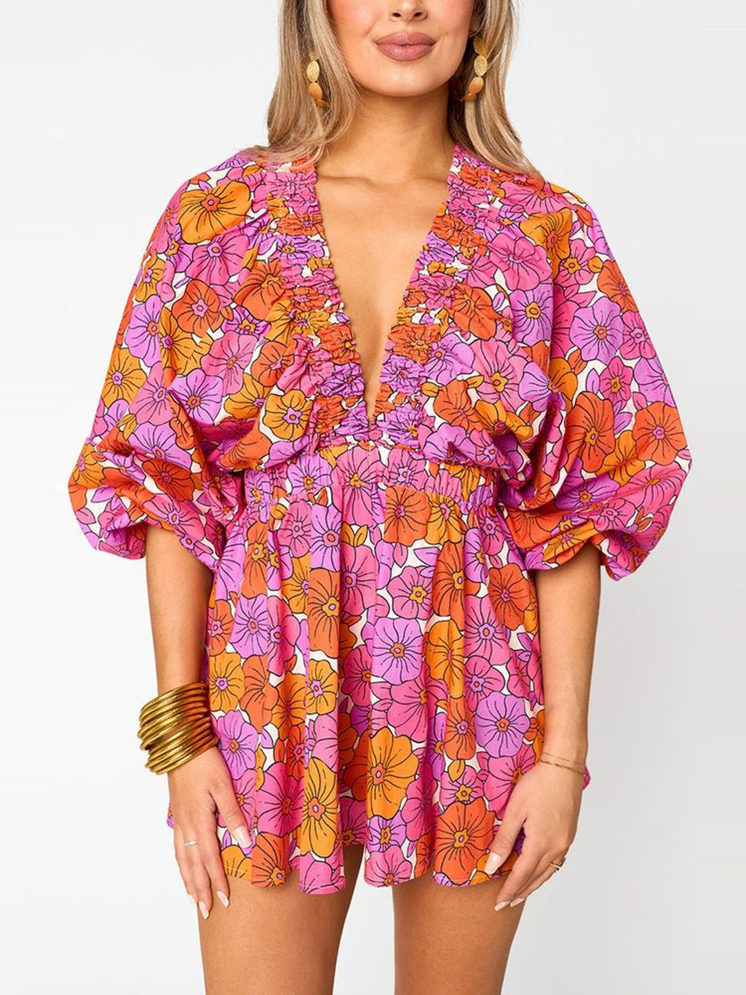 LULU & SKY Women Plunging Neck Floral Print Playsuit