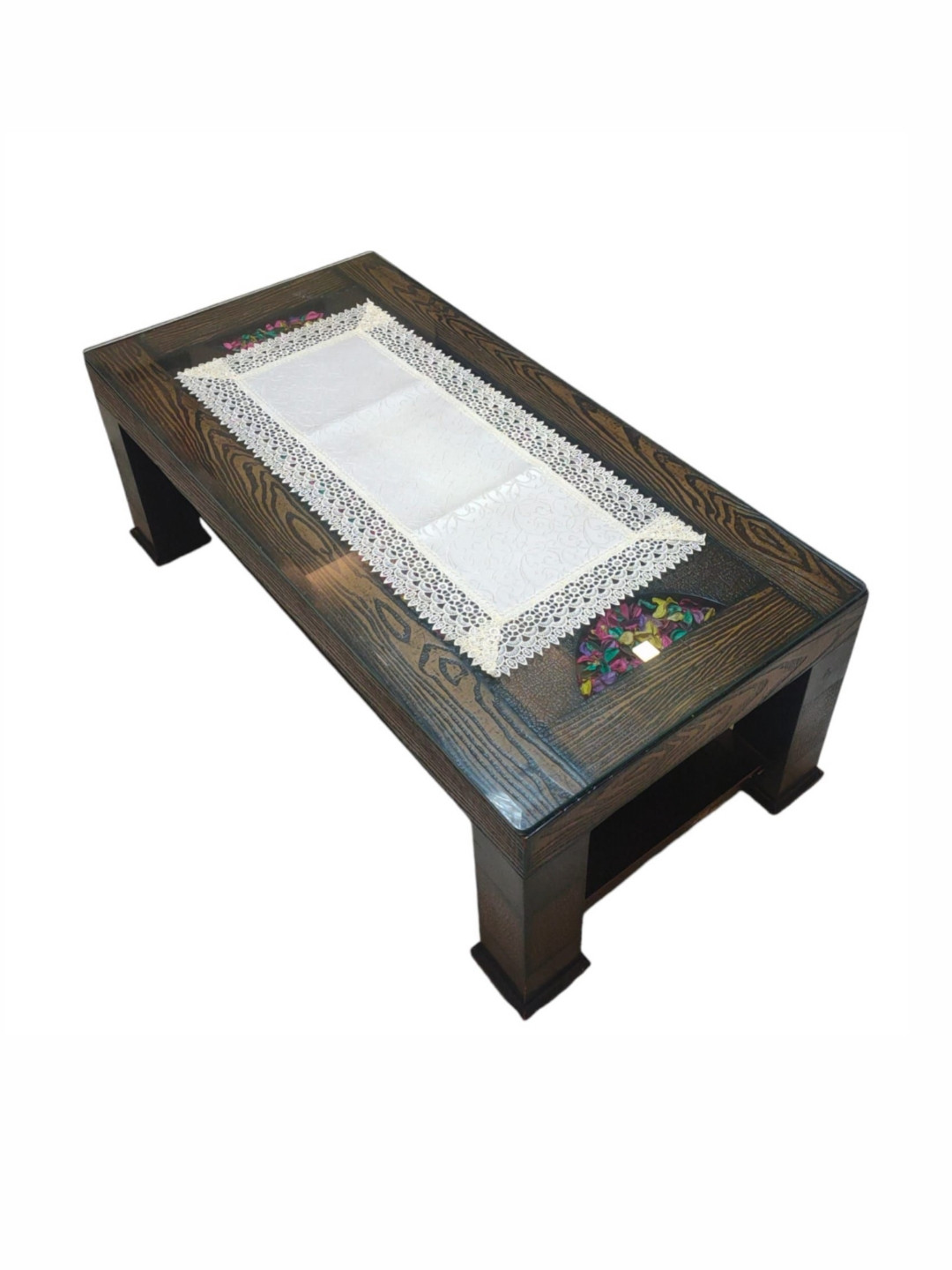 MONKDECOR Cream Self Design Lace Border Center Table Runner