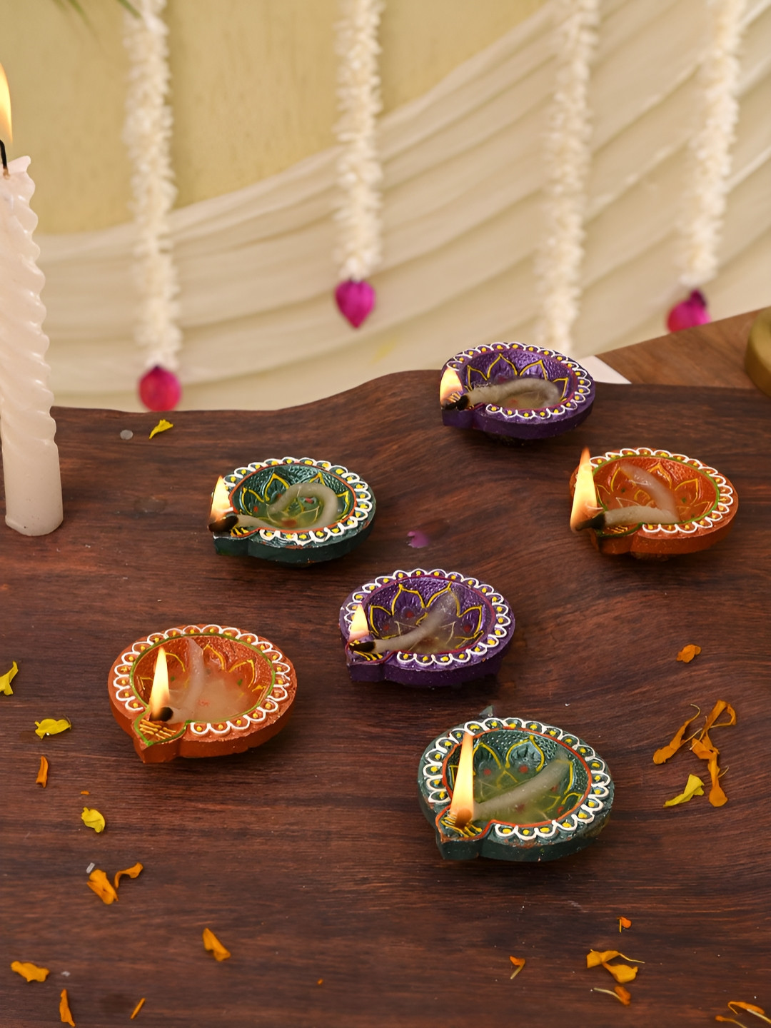 Aura Purple & Green 6 Pieces Lotus Motif Printed Diwali Terracotta Wax Diyas