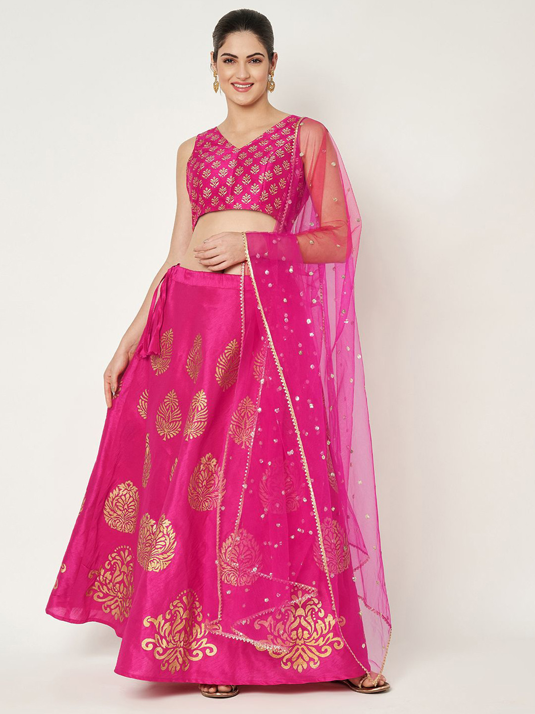 studio rasa Women Block Print V-Neck Sleeveless Lehenga & Blouse With Choli