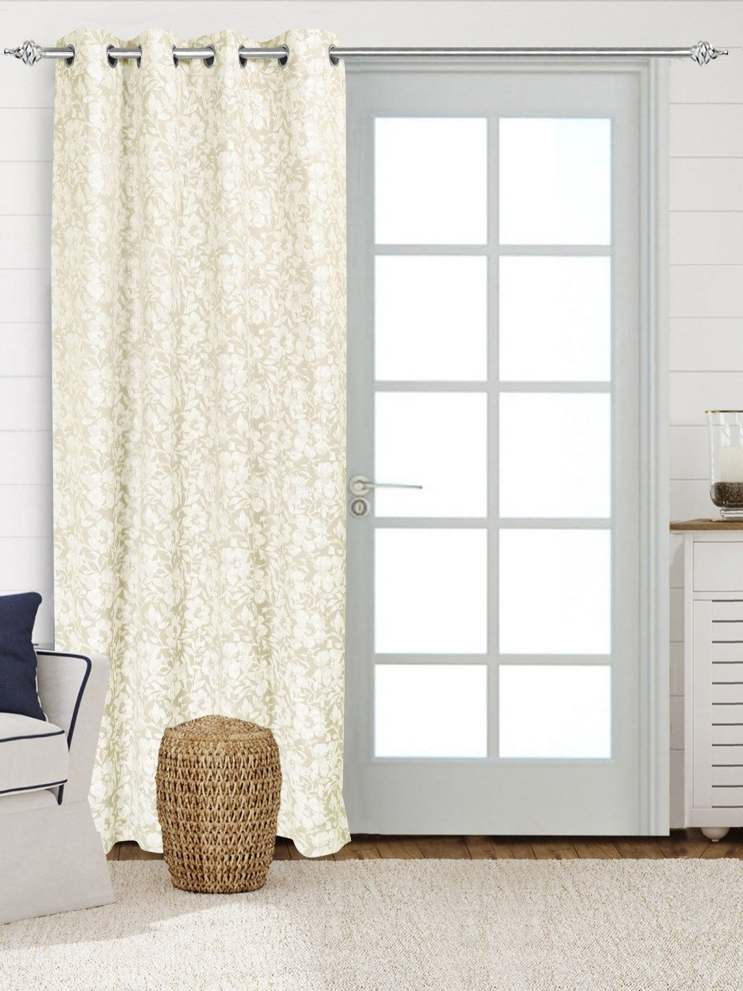 Saral Home White Floral Woven Design Cotton Room Darkening Long Door Curtain