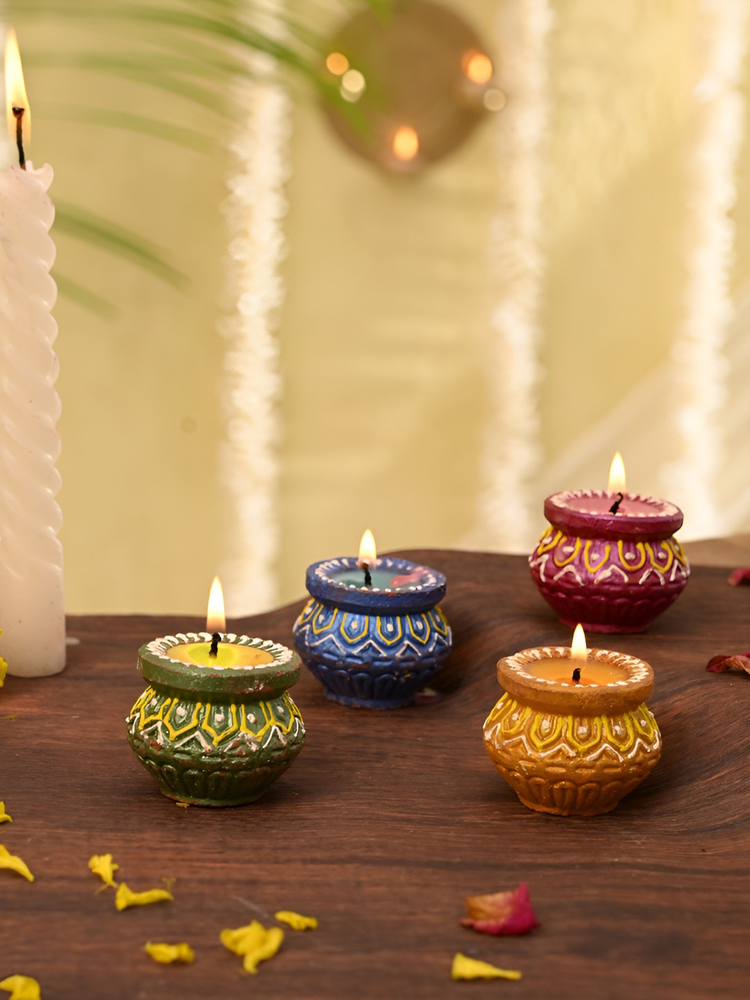 Aura Blue & Green 4 Pieces Printed Terracotta Small Matki Candle Diya
