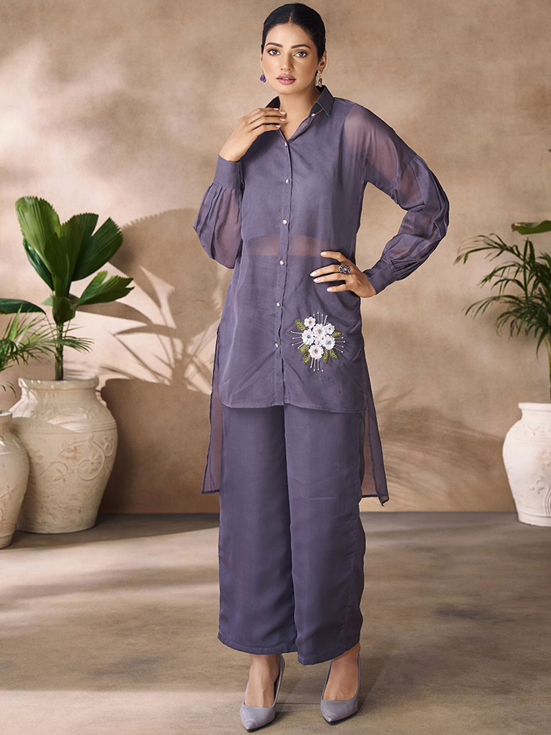 Fusionic Womens Organza Long Sleeves Crop Top & Trouser With Jacket Co-Ords