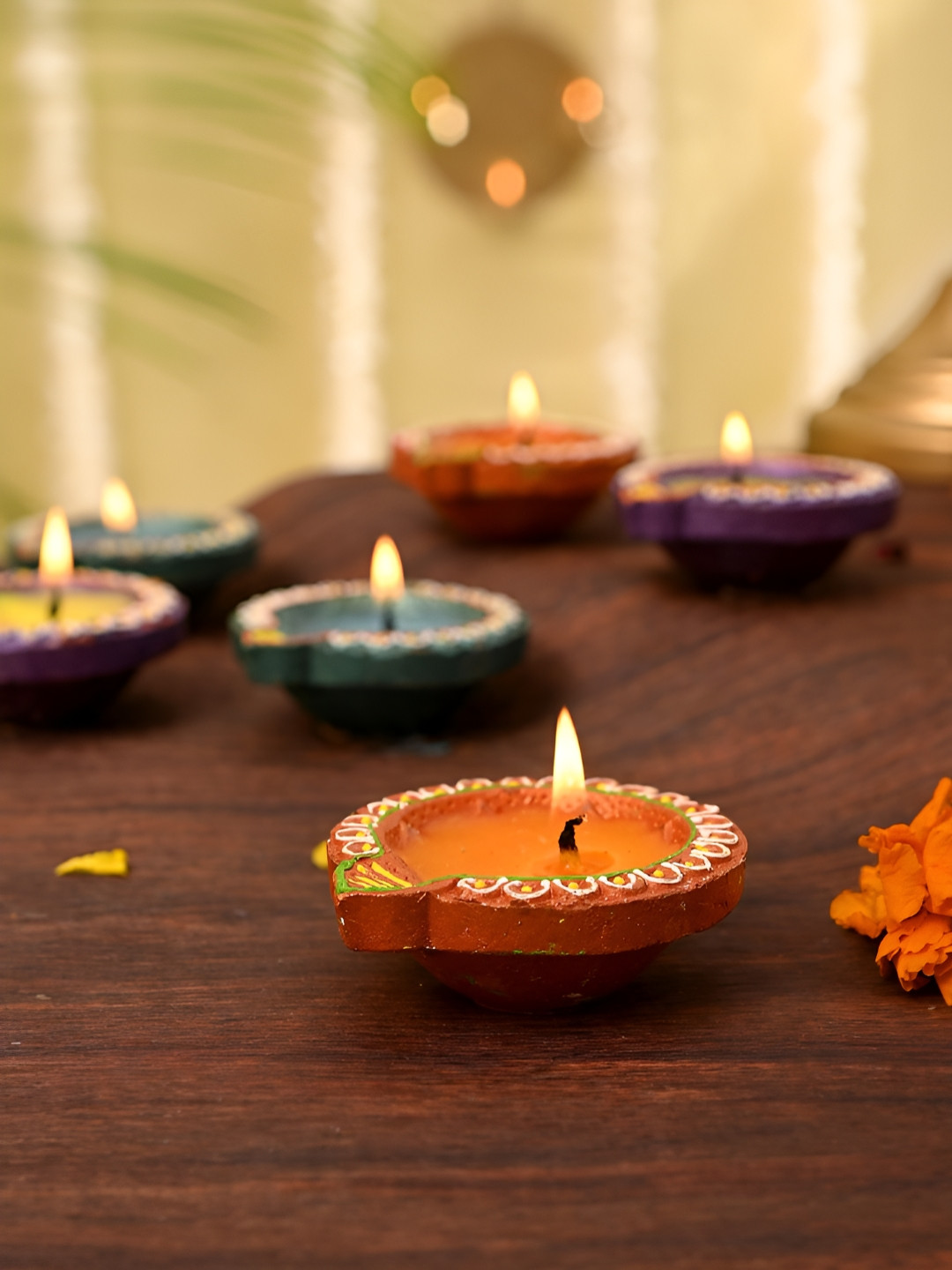 Aura Blue & Purple 6 Pieces Printed Terracotta Diwali Wax Diyas