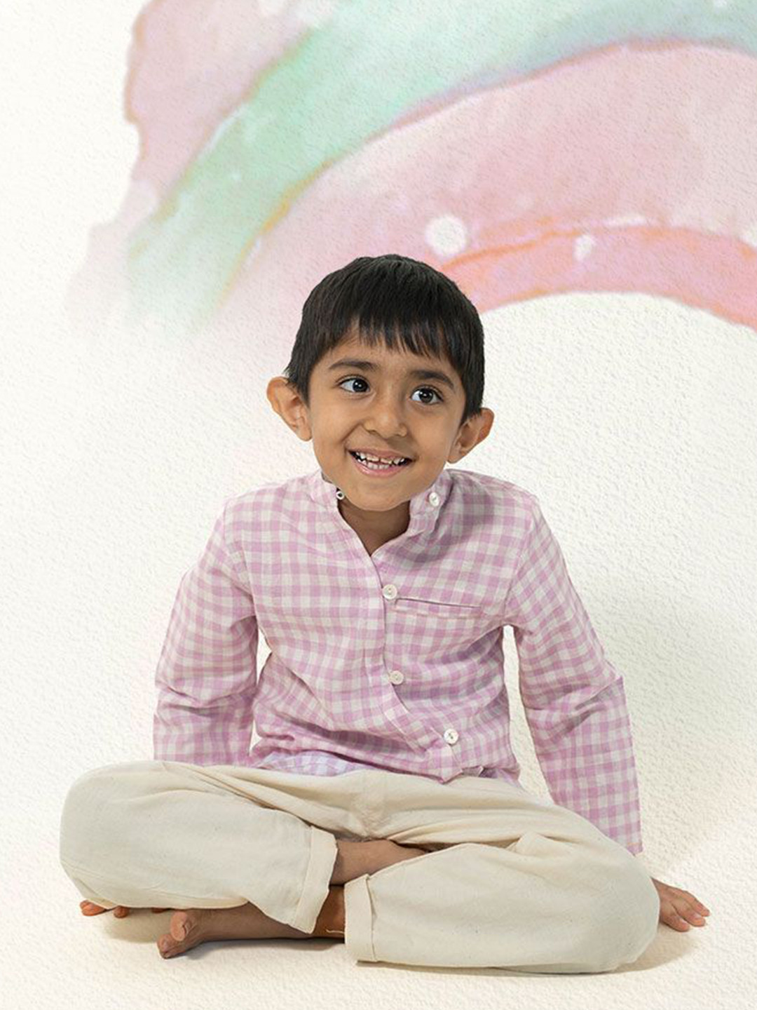 LOVE THE WORLD TODAY Unisex Kids Comfort Band Collar Micro Checked Cotton Casual Shirt