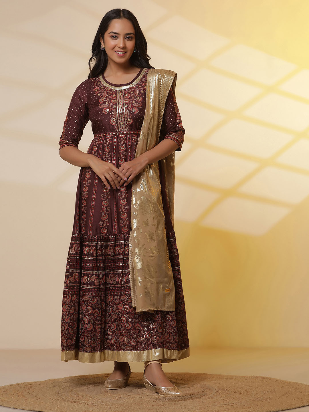 AURELIA Ethnic Motifs Printed Sequinned Tiered Kurta With Leggings and Dupatta