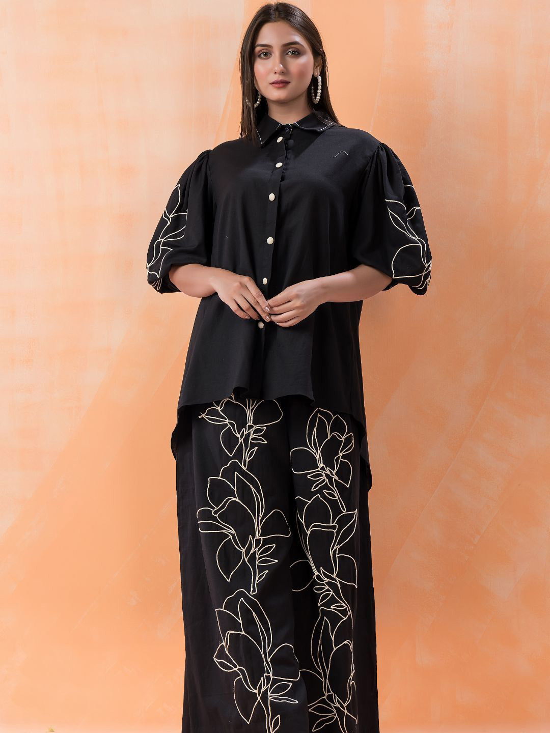 Zolo Label Floral Embroidered Shirt Collar Top With Trousers