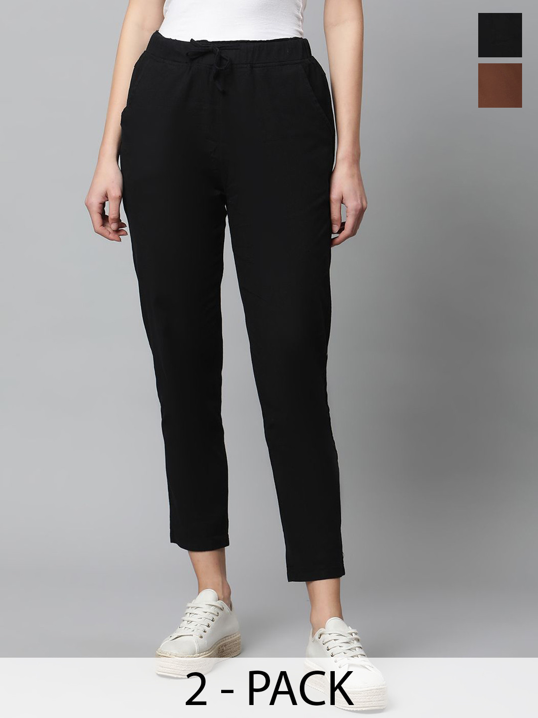 Global Republic Pack Of 2 Cotton Slim Fit High Waist Cigarette Trousers