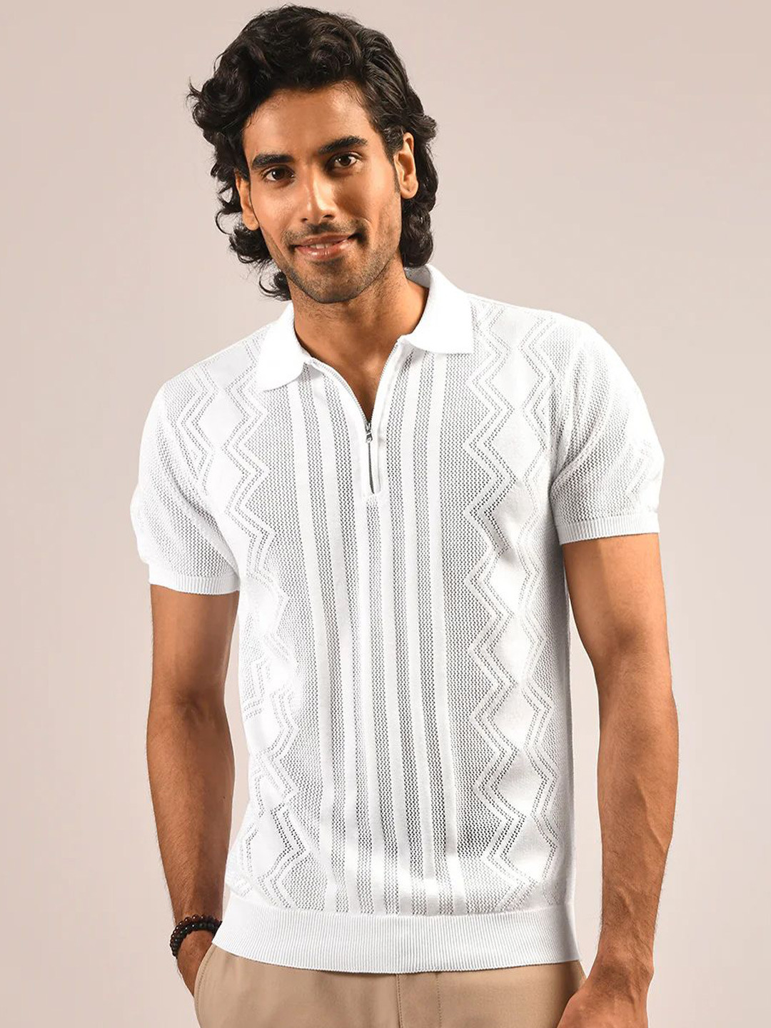 KINGDOM OF WHITE Men Self Design Polo Collar Cotton T-shirt