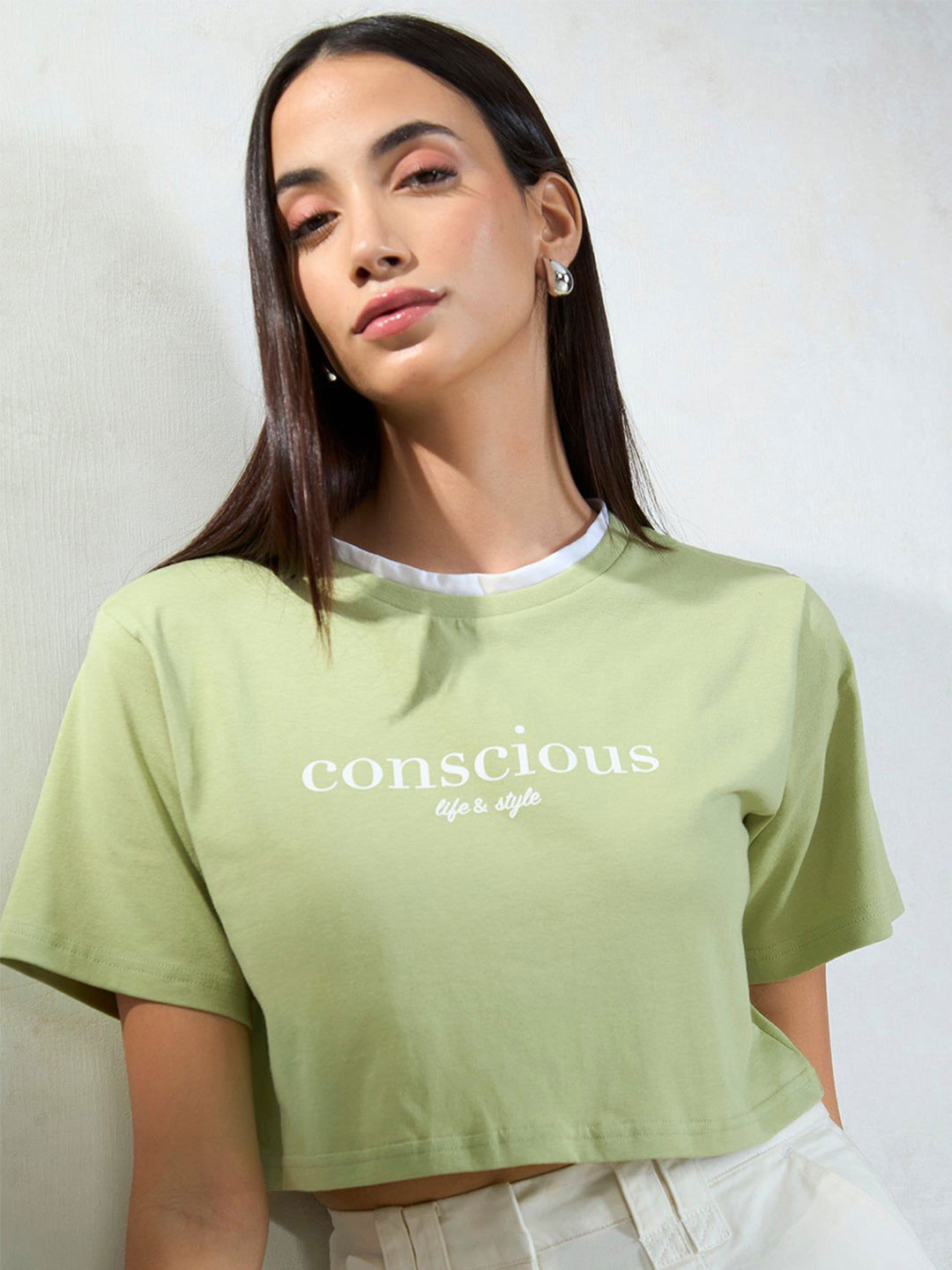 Virgio Pure Cotton Contrast Neck Crop Graphic Tee