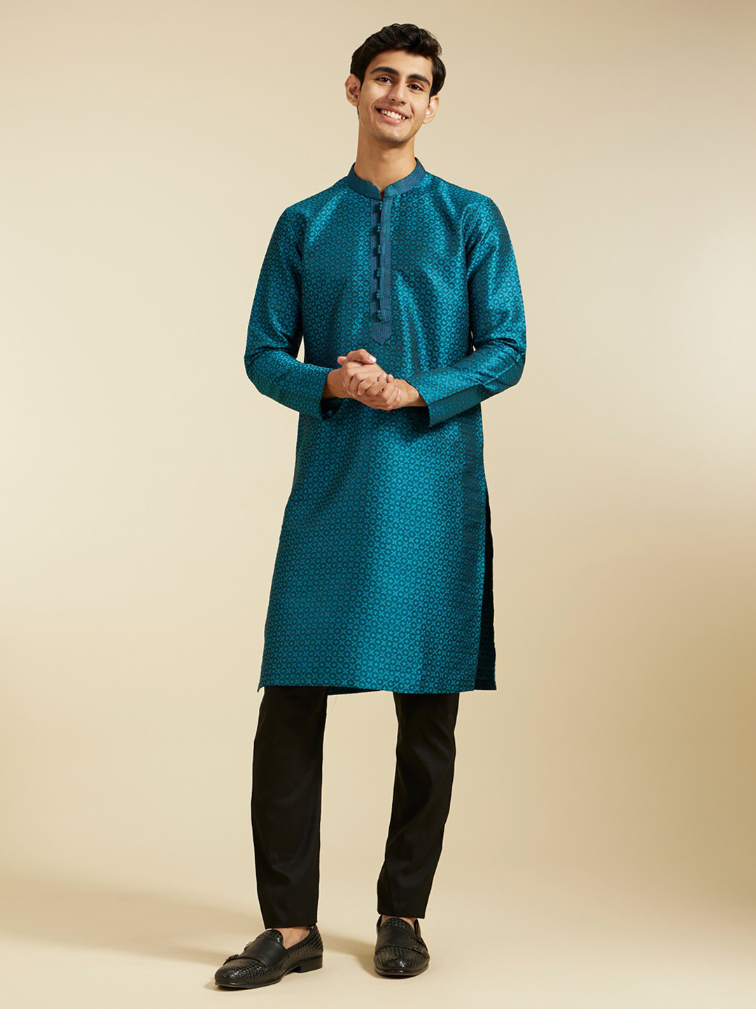 Diwas by Manyavar Geometric Woven Design Thread Work Indigo Mandarin Collar Straight Kurta