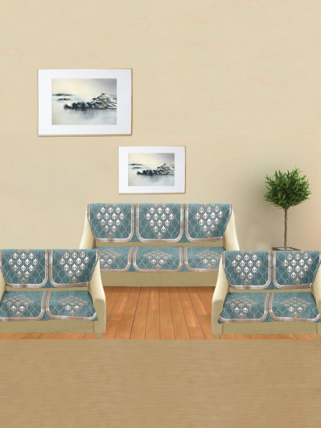 MORADO Green & Brown 14 Pieces 7 Seater Embroidered Sofa Covers
