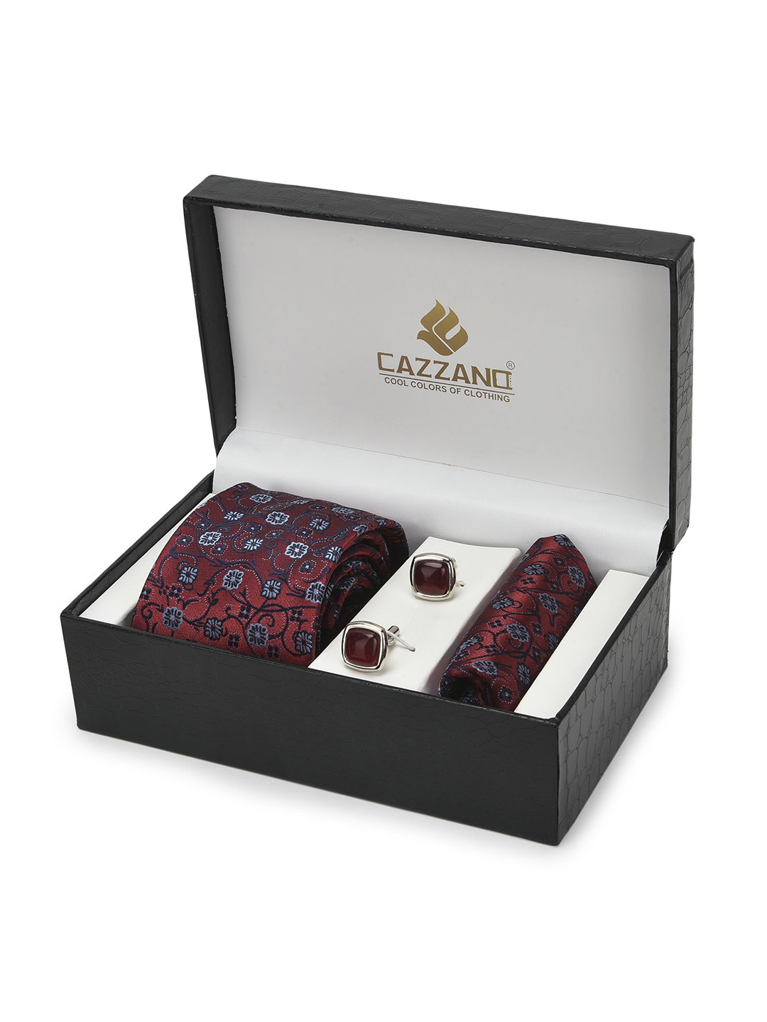 Cazzano Men Floral Embroidered Slim Tie Cufflinks & Pocket Square Accessory Gift Set