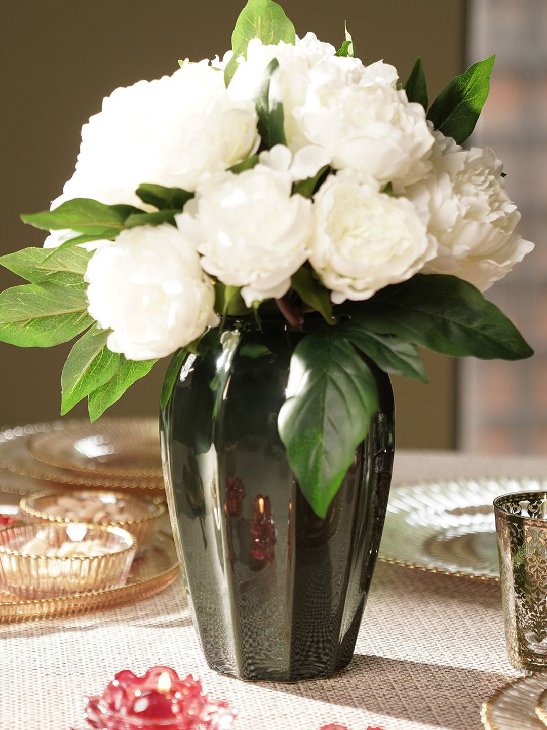 Pure Home and Living Dark Green Ceramic Textured Flower Vases