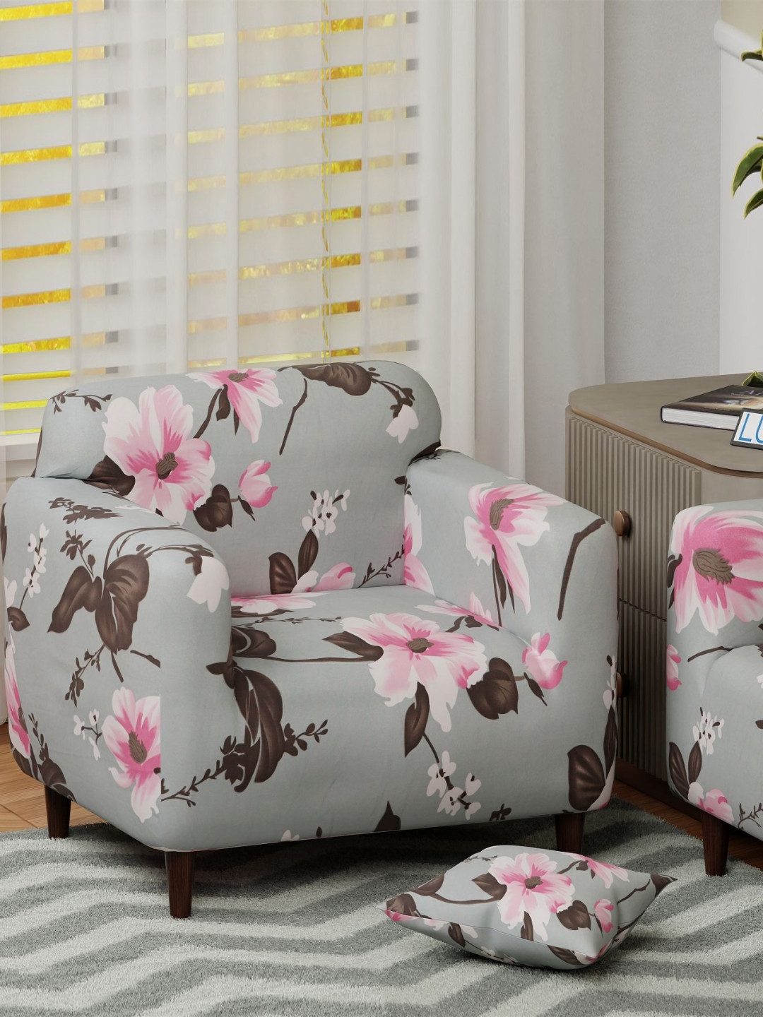 Lukzer Pink & Grey Printed Sofa Cover With Arms
