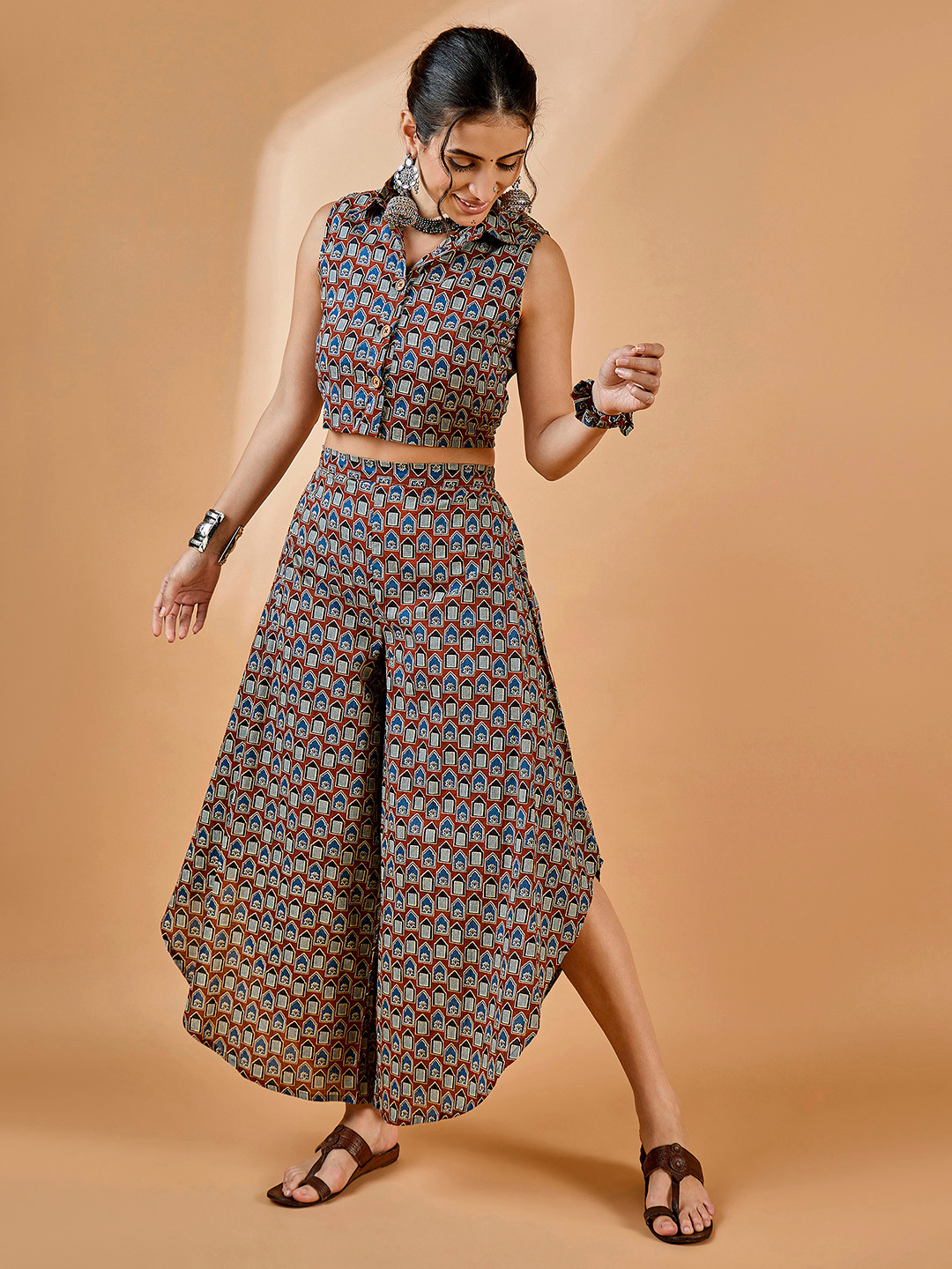 WineRed Printed Shirt Collar Sleeveless Pure Cotton Shirt With Palazzo