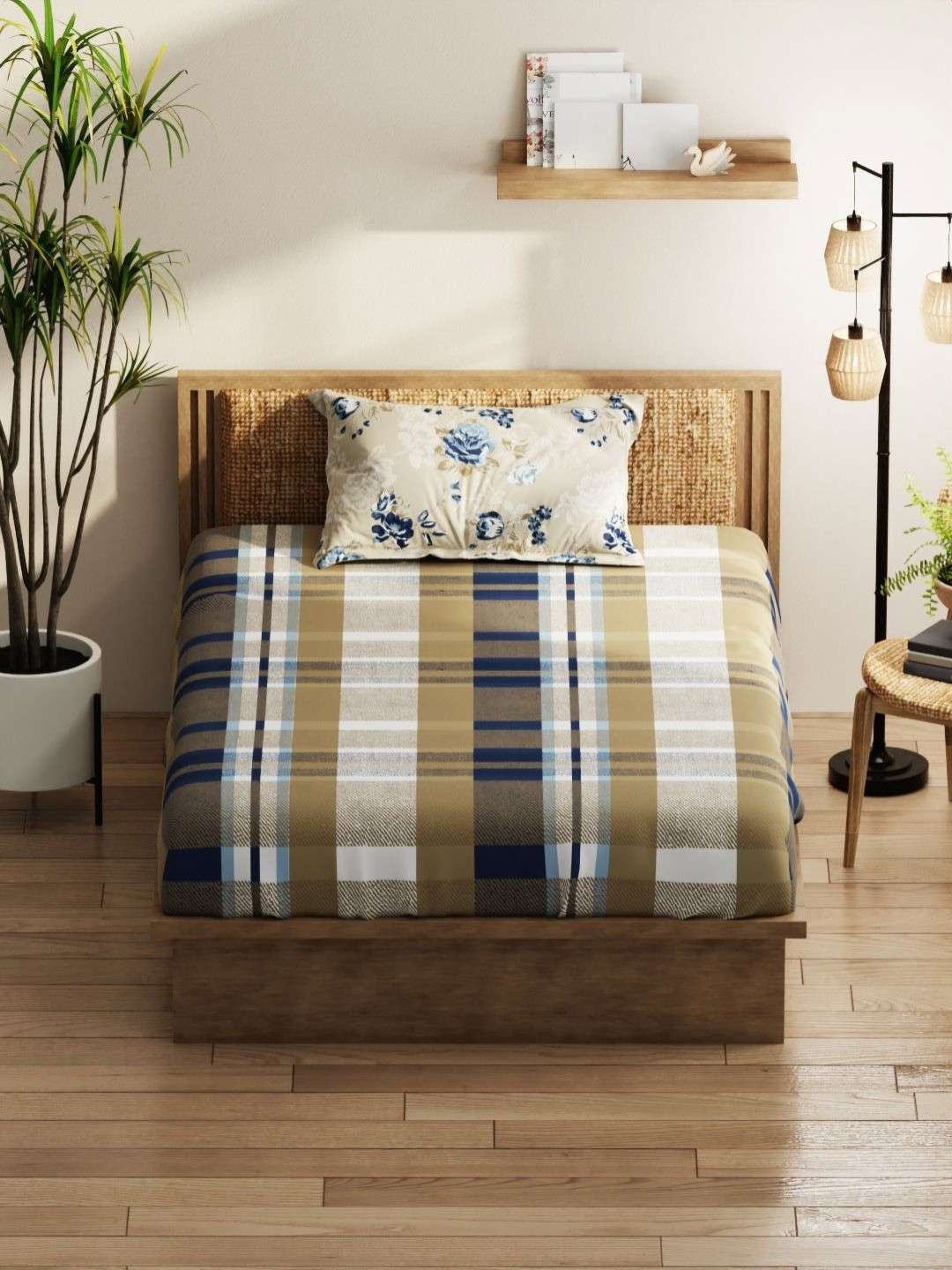 KOPA Beige Checked Microfiber 152 TC Queen Bedsheet with a Pillow Cover-59 x 88 inches
