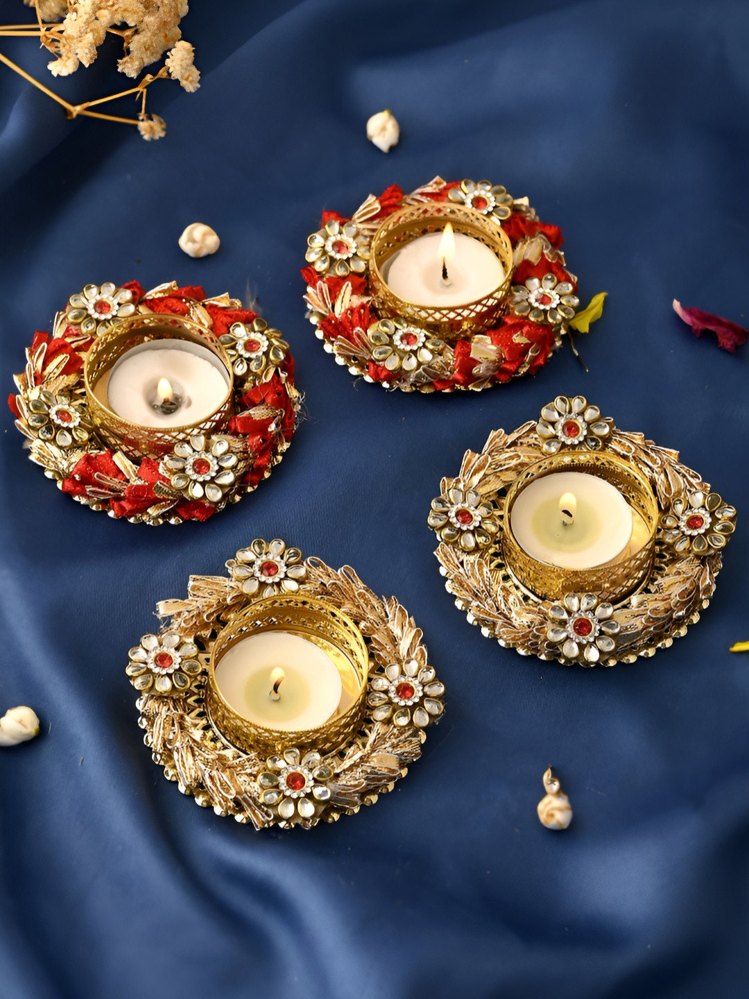 Aura Gold-Toned & Red 4 Pieces Embellished Metal Candle Holders