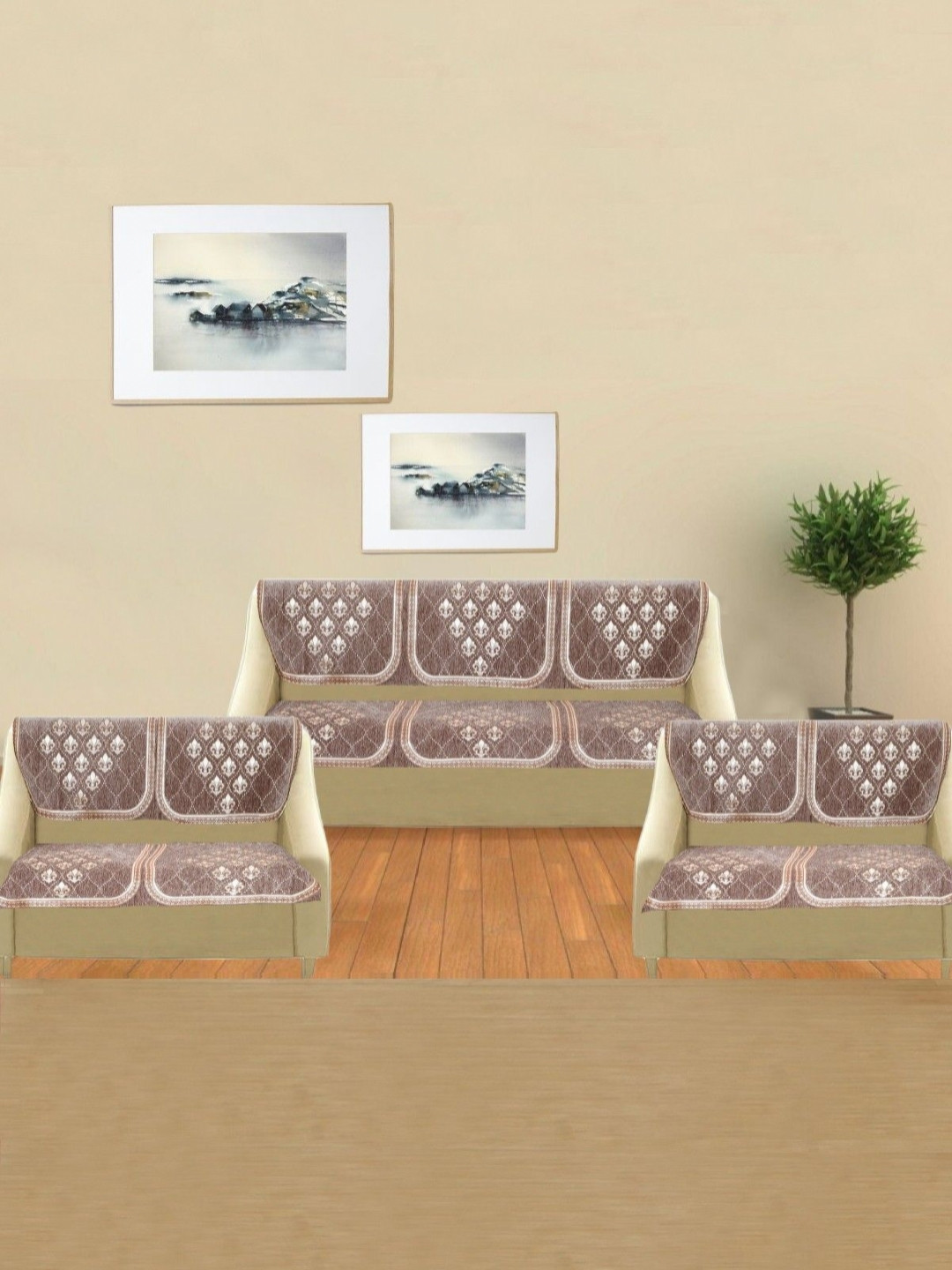 MORADO Brown & Silver-toned 14 Pieces Embroidered 7 Seater Sofa Cover